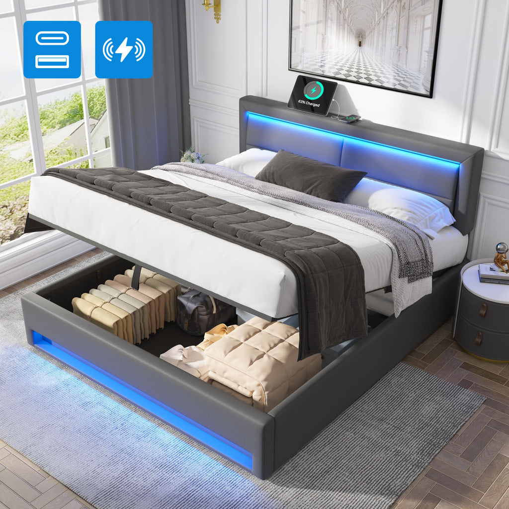 Upholstered Bed 180 X 200 Cm, Super King Size Bed - 6ft,with USB Port Supports Wireless And Wired Charging, With LED Lighting And Storage Space, Without Mattress, PU Lychee Pattern, Grey - Noventis Home
