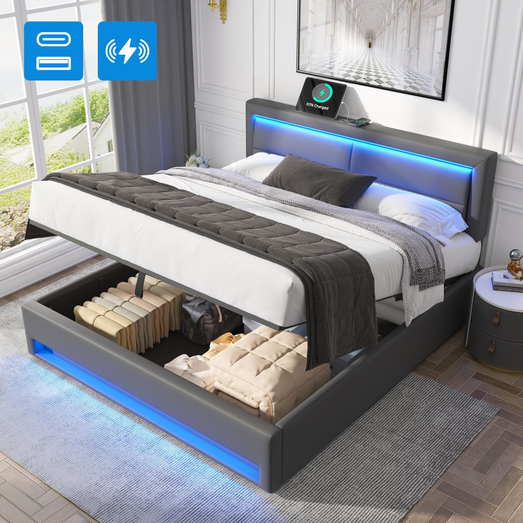 Upholstered Bed 180 X 200 Cm, Super King Size Bed - 6ft,with USB Port Supports Wireless And Wired Charging, With LED Lighting And Storage Space, Without Mattress, PU Lychee Pattern, Grey - Noventis Home