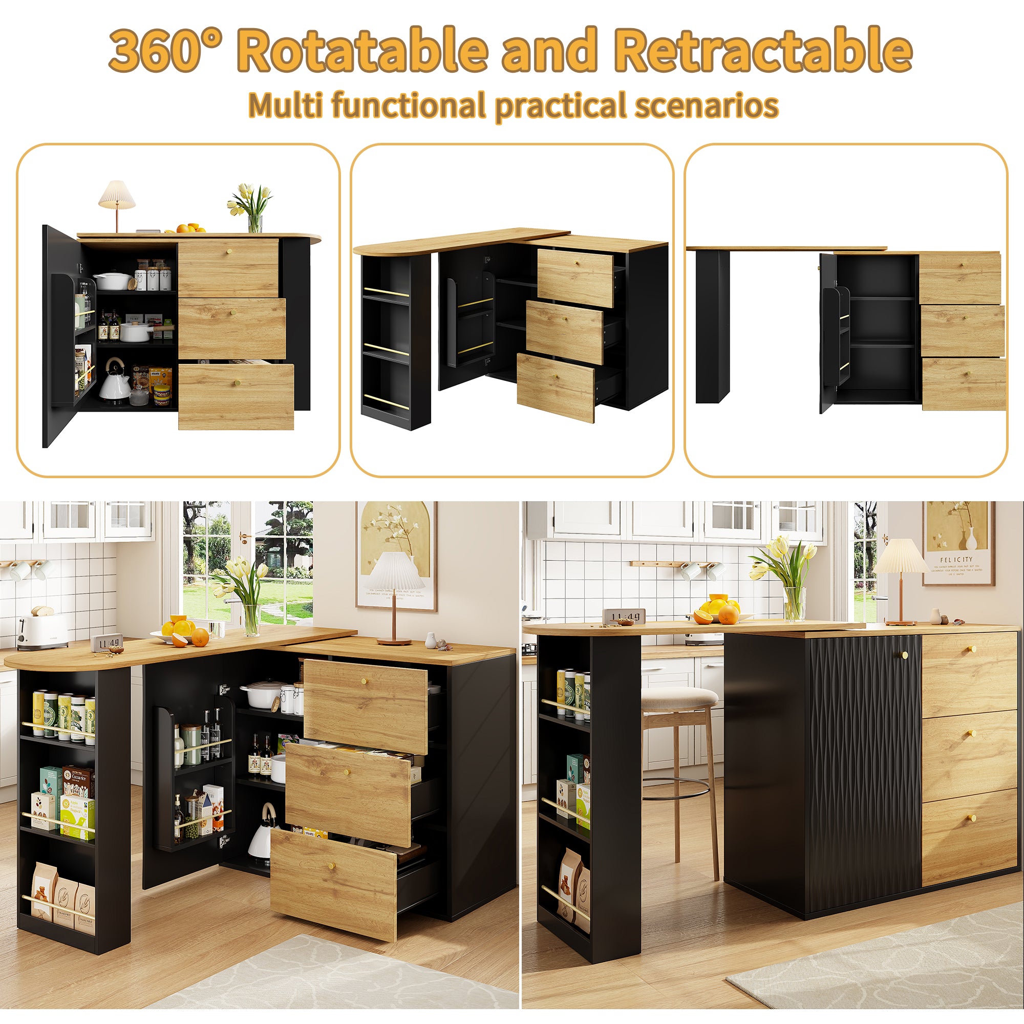 Extendable Bar Table With Storage Space 138 - 204 X 39 X 104 Cm, 360 Rotating Dining Bar, Modern Mobile Bar Table, High Table Kitchen Island Bistro Table, Sideboard With Wood Grain Finish - Noventis Home