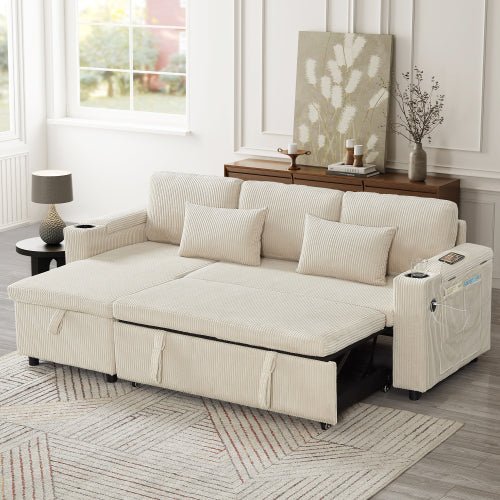 3 In 1 Convertible Corduroy Sofa Bed With Storage Chaise, L Shaped Sleeper Sofa Couches With Armrest Storage And Charging Station. Pullout Sectional Daybed For Living RoomBedroomOffice, Grey - Noventis Home
