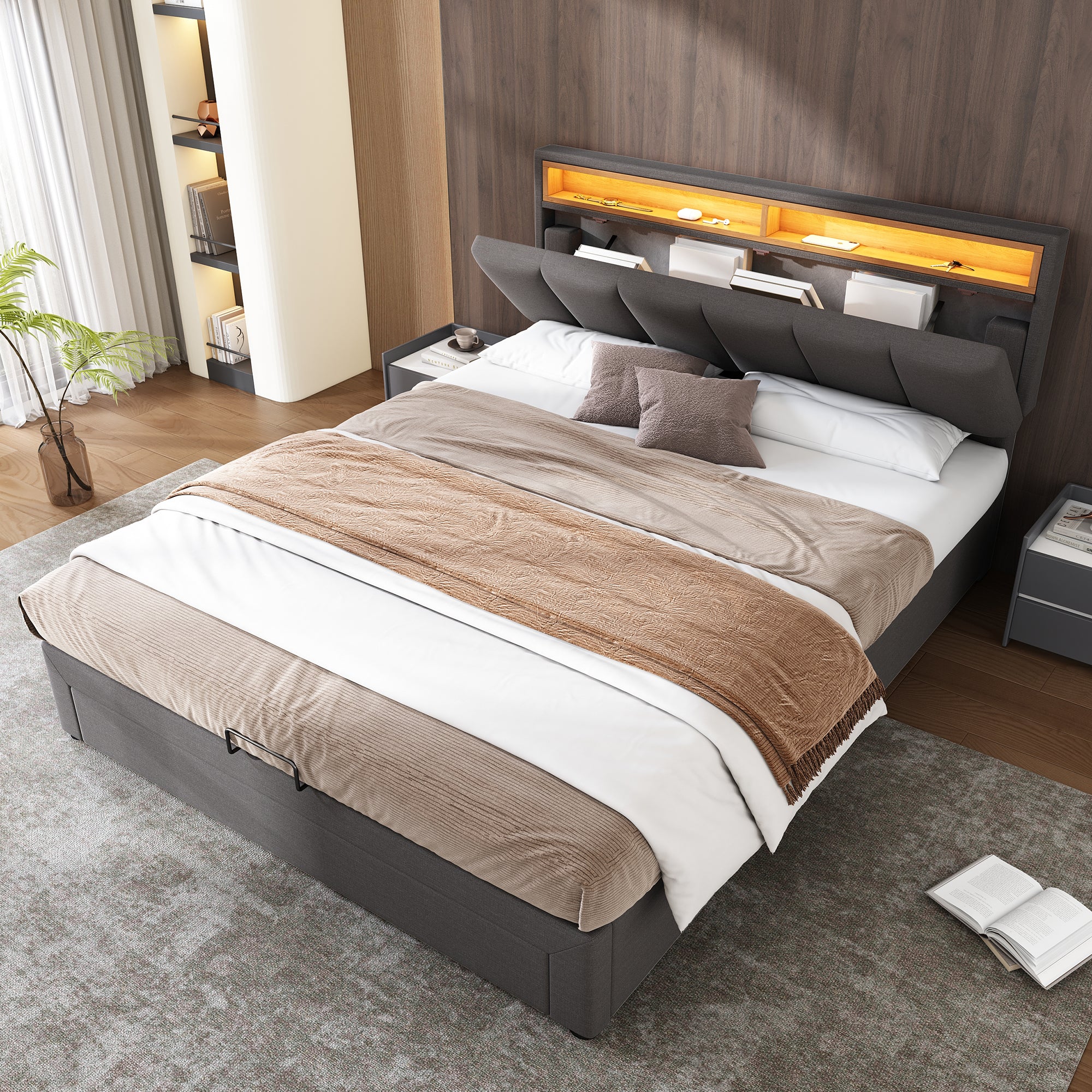 Gestoffeerd Bed met LED - verlichting, 135x190cm, Hydraulische Opbergruimte, Opvouwbaar Schuim Hoofdeinde, Stalen Frame, Linnen, Grijs - Noventis Home