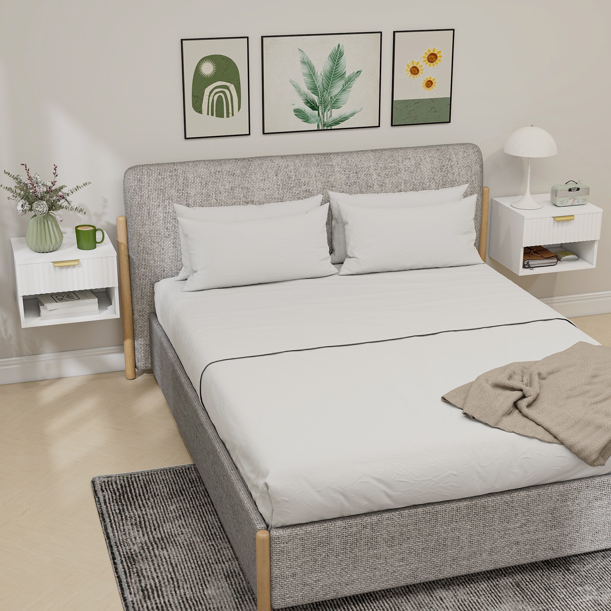 Zwevende Nachtkastjes Set van 2, Wandgemonteerd met Geribbelde Lade en Open Plank voor Slaapkamer, Wit - Noventis Home