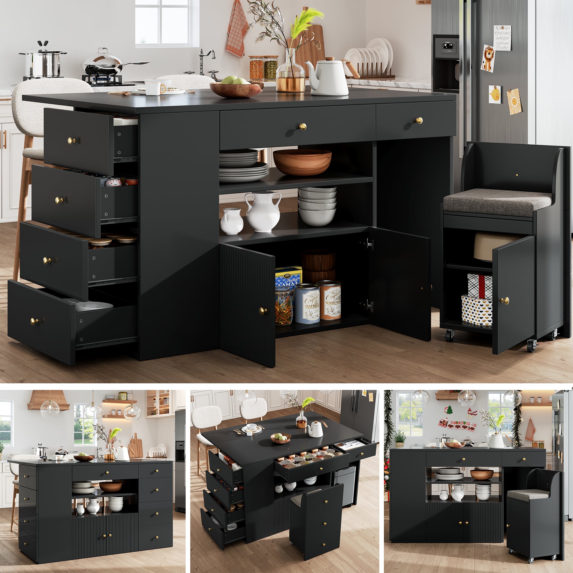 Adjustable Kitchen Island With Bar Stools - Sideboard & Cabinet With 6 Drawers, Width 140 - 70cm, White Black - Noventis Home