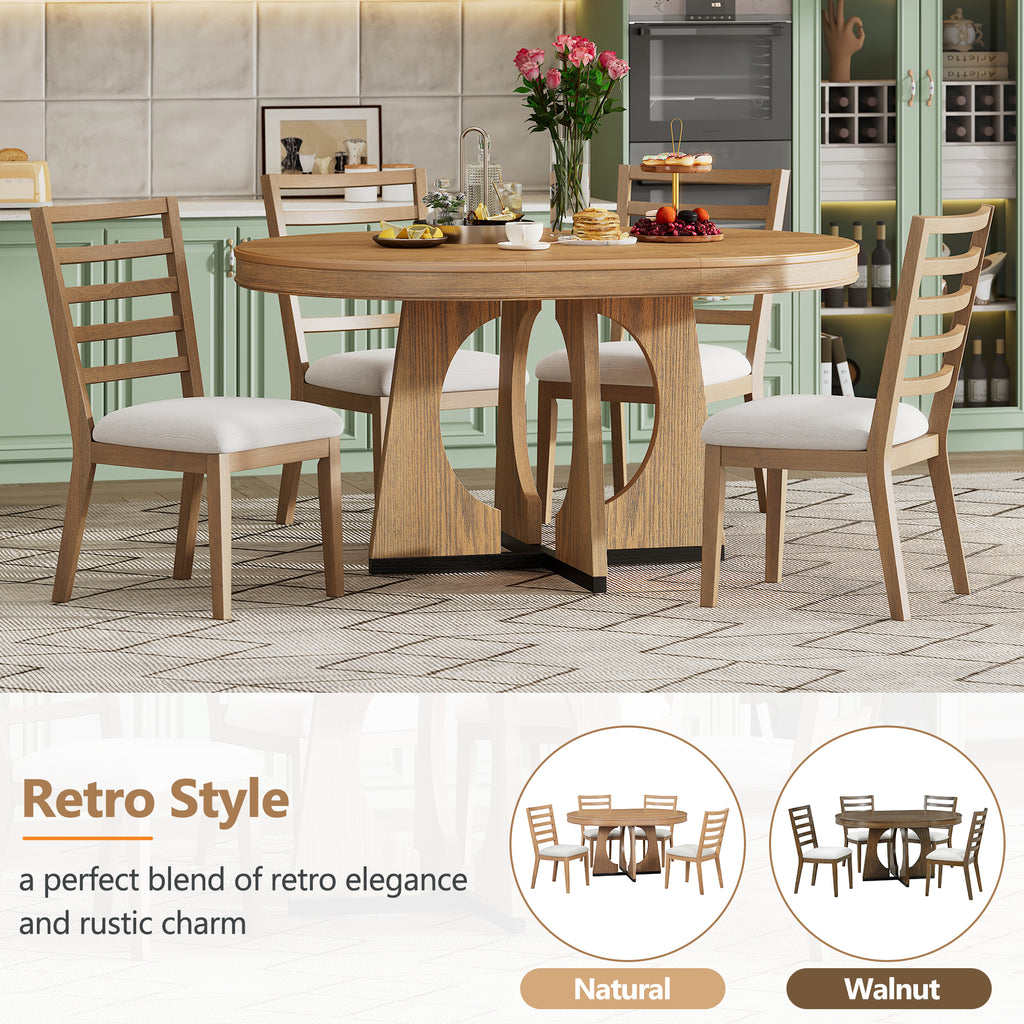 TREXM Round Dining Table For 4 With Chairs Set Extendable Dining Table Set With 16 Removable Middle Leaf 5 Piece Retro Dining Table Set Unique Geometric Design For Kitchen Dining Room Natural - Noventis Home