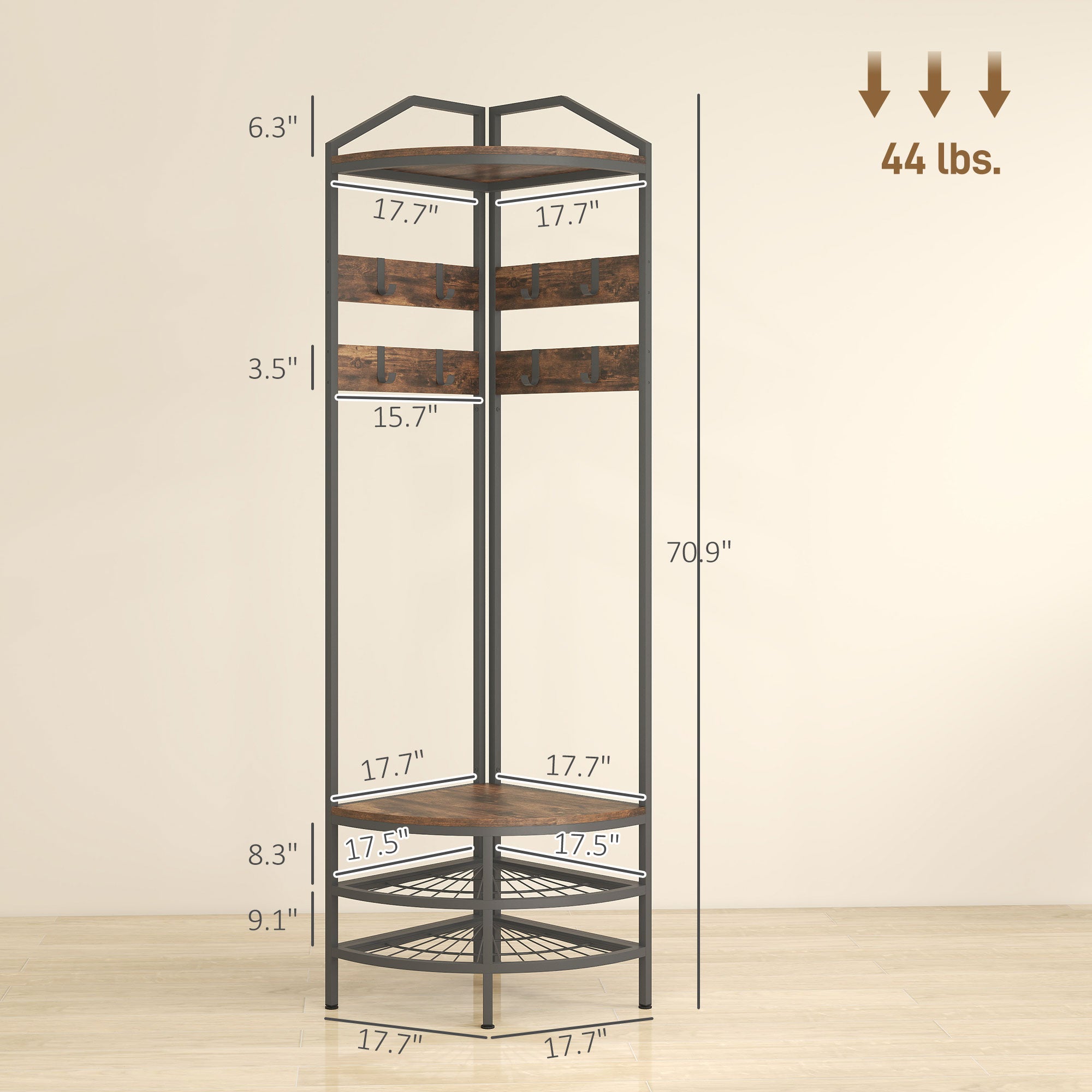 Corner Hall Tree, Industrial 4 - Tier Coat Rack with Shoe Storage, 8 Movable Hooks and 2 Shelves for Hallway, Rustic Brown - Noventis Home