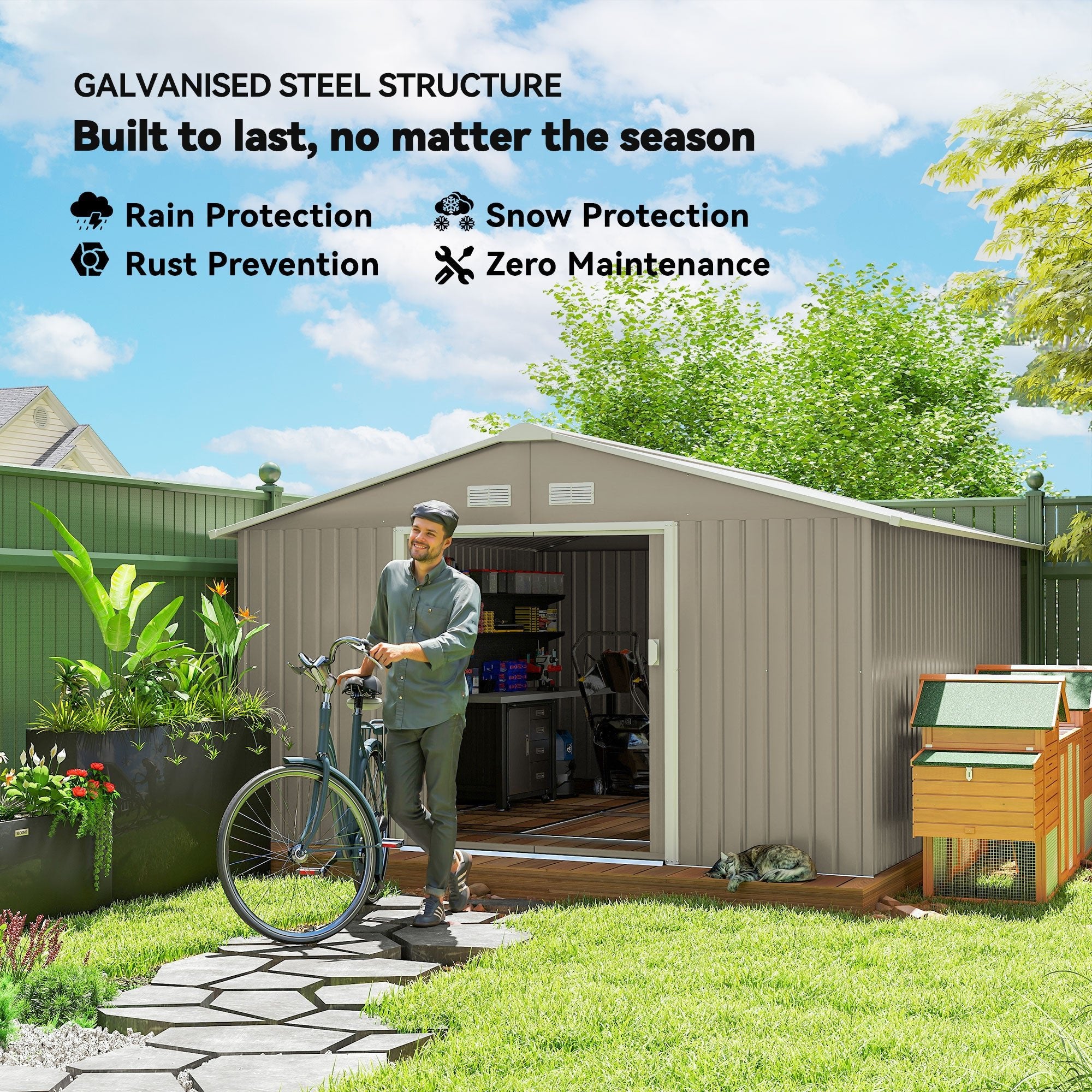 13 X 11ft Large Garden Shed, Mental Garden Storage Shed With Foundation Kit Ventilation & Doors, Light Grey - Noventis Home