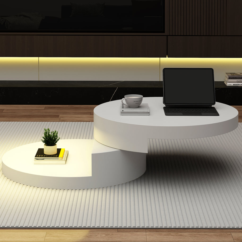 Ronde Draaibare Salontafel met LED - verlichting, 360° Draaibaar Tafelblad, Dubbele Laag, 70x70x35,5cm, MDF, Wit - Noventis Home