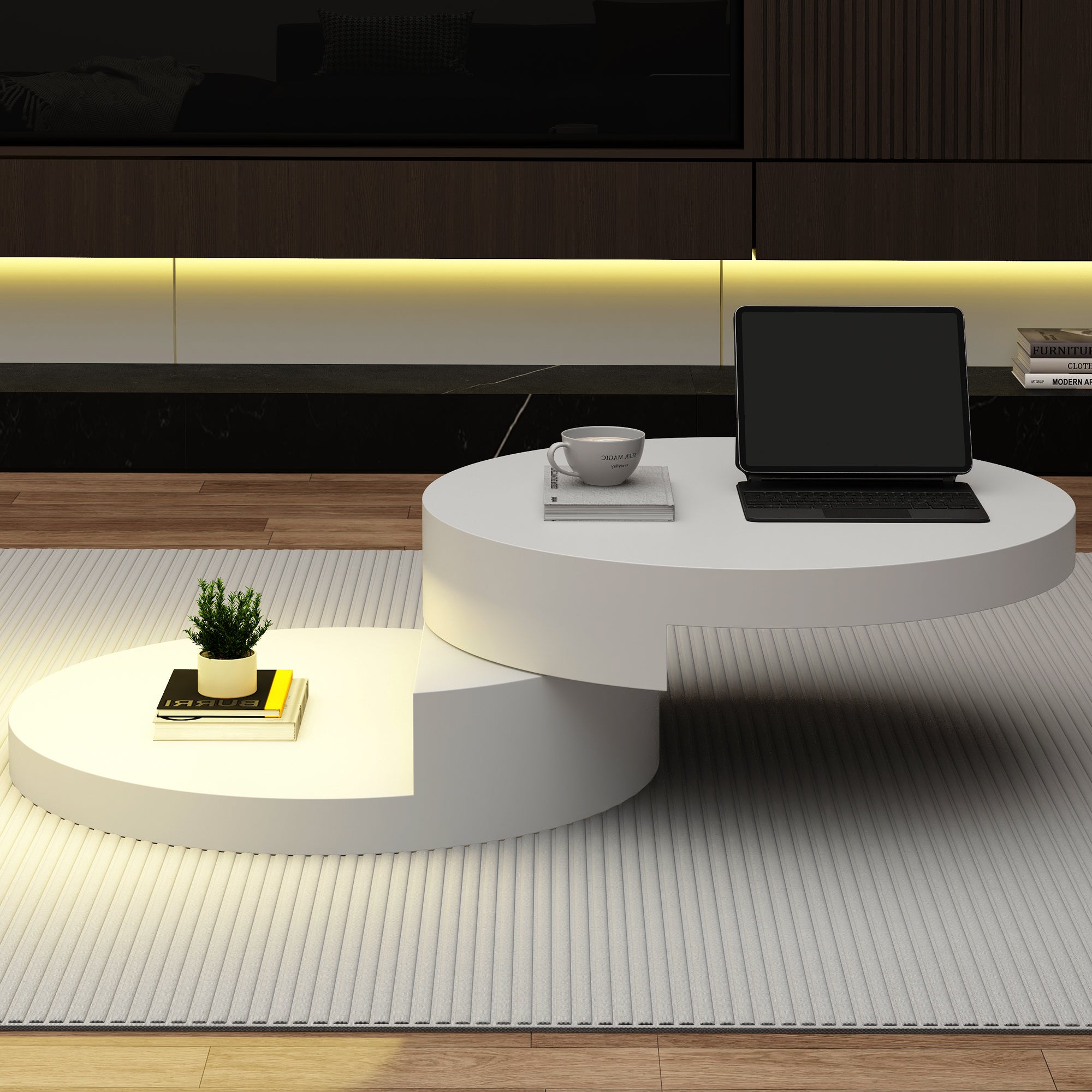 Ronde Draaibare Salontafel met LED-verlichting, 360° Draaibaar Tafelblad, Dubbele Laag, 70x70x35,5cm, MDF, Wit