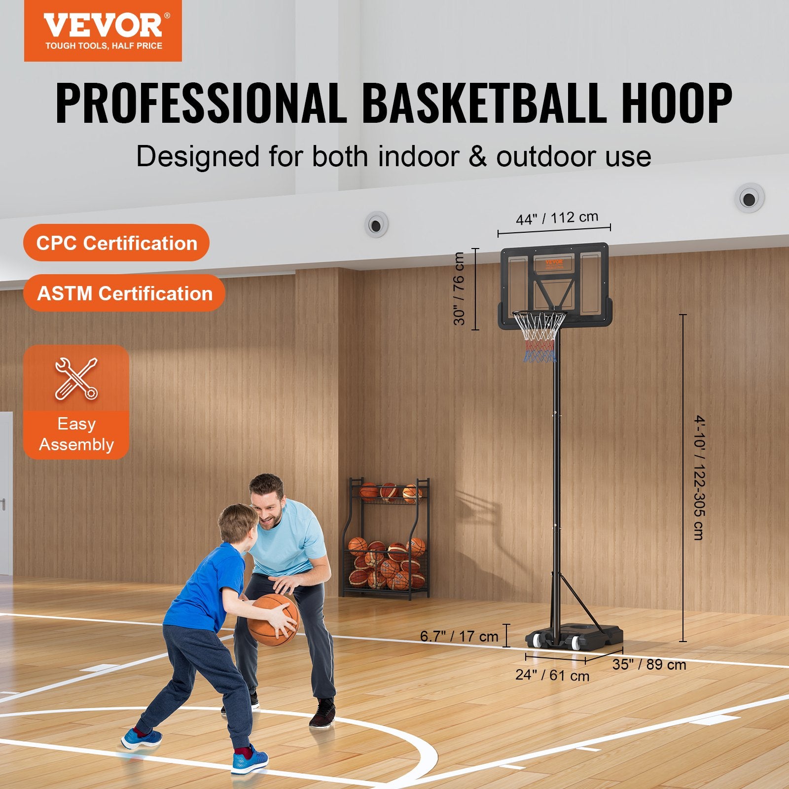 Basketbalpaal Verstelbaar 120 - 305cm, Draagbaar met Wielen en Vulbare Basis, voor Buiten en Binnen - Noventis Home