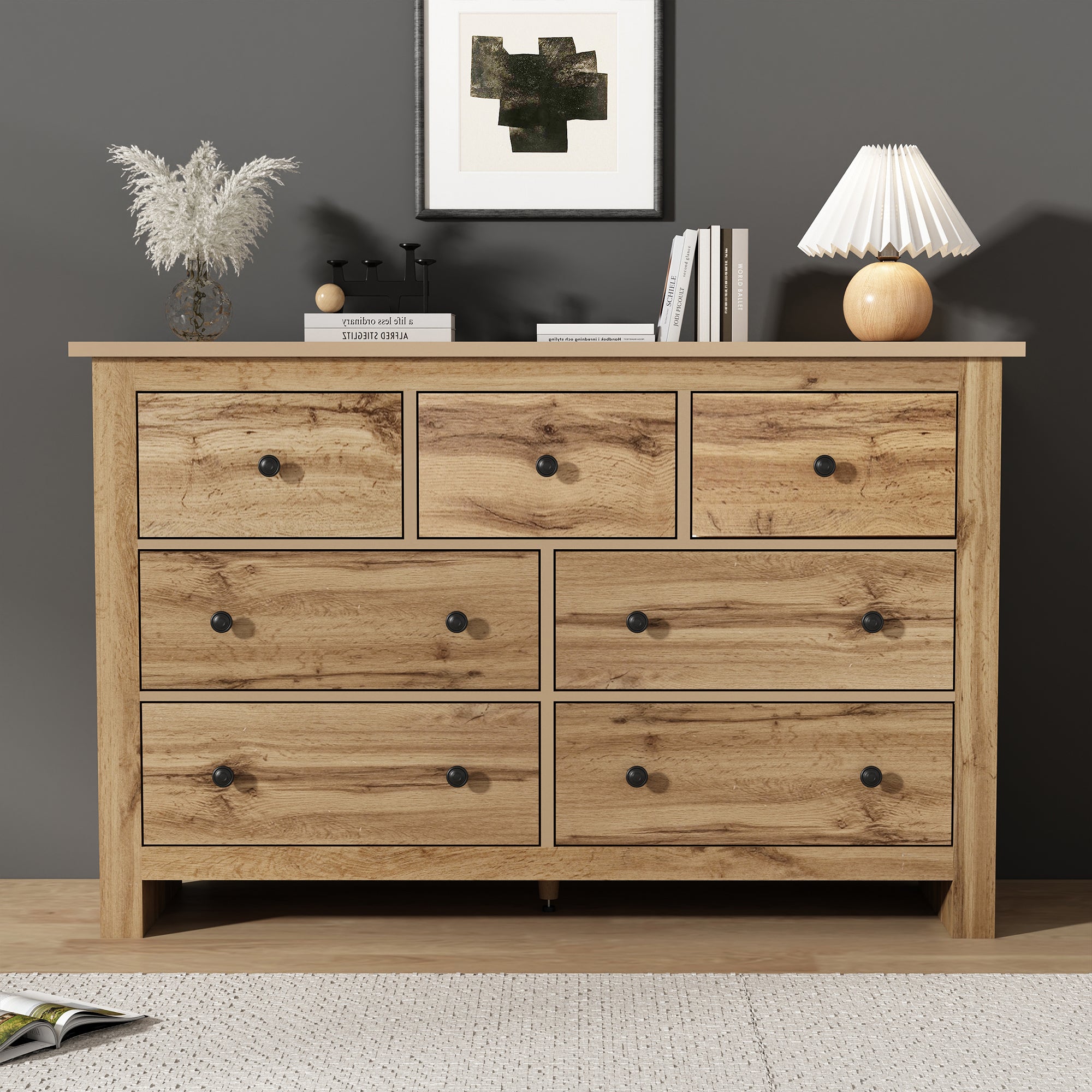 Moderne Vintage Opbergkast, Dressoir met 7 Lades, Sofa Bijzetkast, voor Woonkamer, Slaapkamer, Keuken en Gang, 152x40x88,5cm, Houtkleur - Noventis Home
