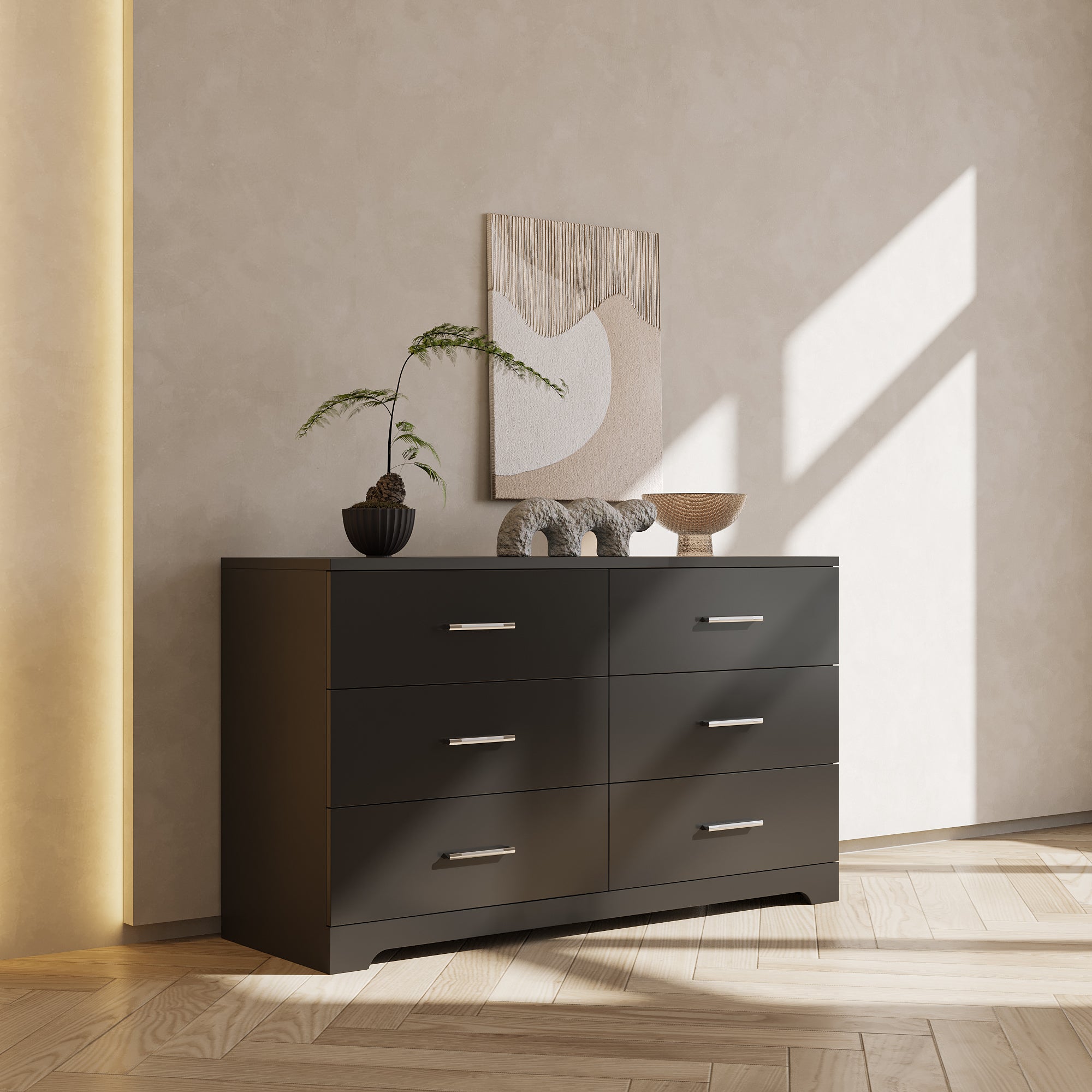 Black Particle Board With Triamcinol, Six Drawer Cabinet - Noventis Home