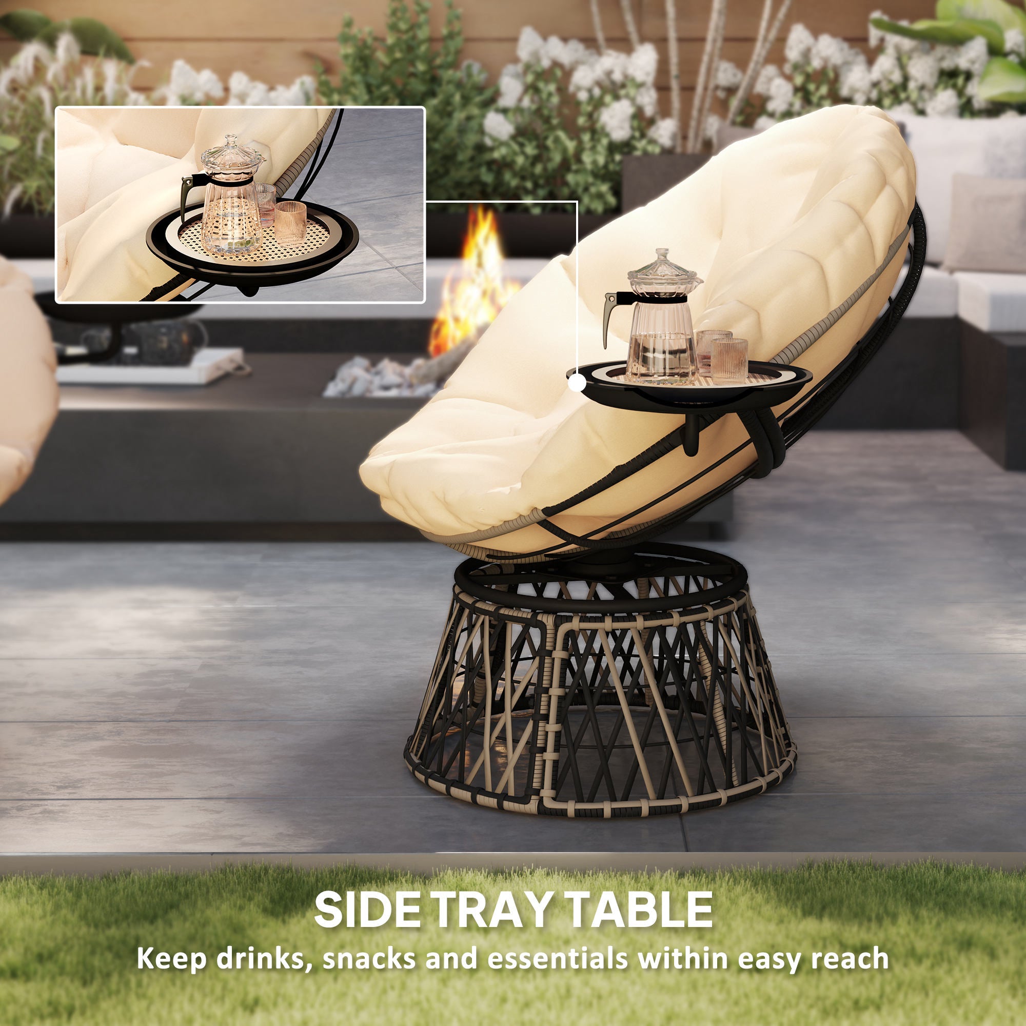 360 Swivel Outdoor Papasan Chair, 39 Overstuffed Circle Chair With Side Tray, Thick Cushion For Indoor Patio, Beige - Noventis Home