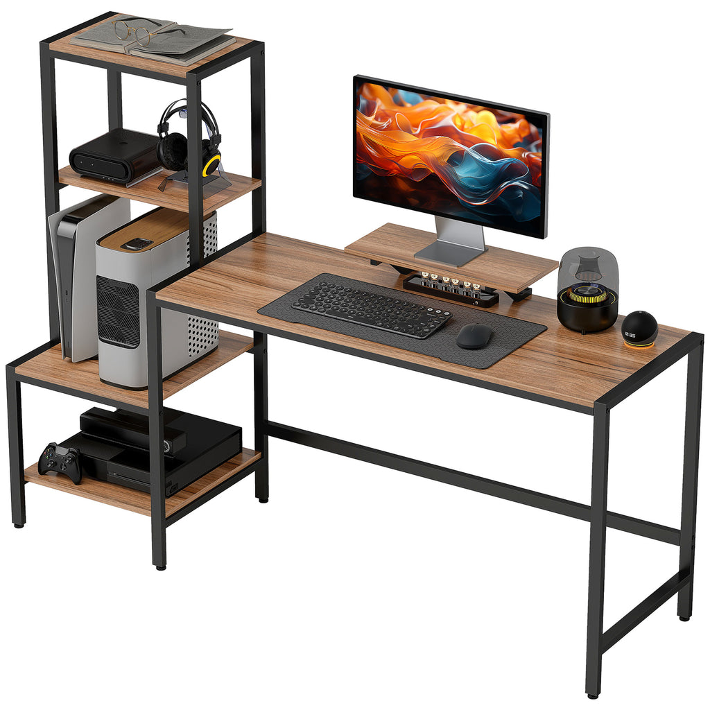 Computerbureau 170cm met Monitorstandaard en Omkeerbare 4-laags Plank, Industrieel Design, Bruin