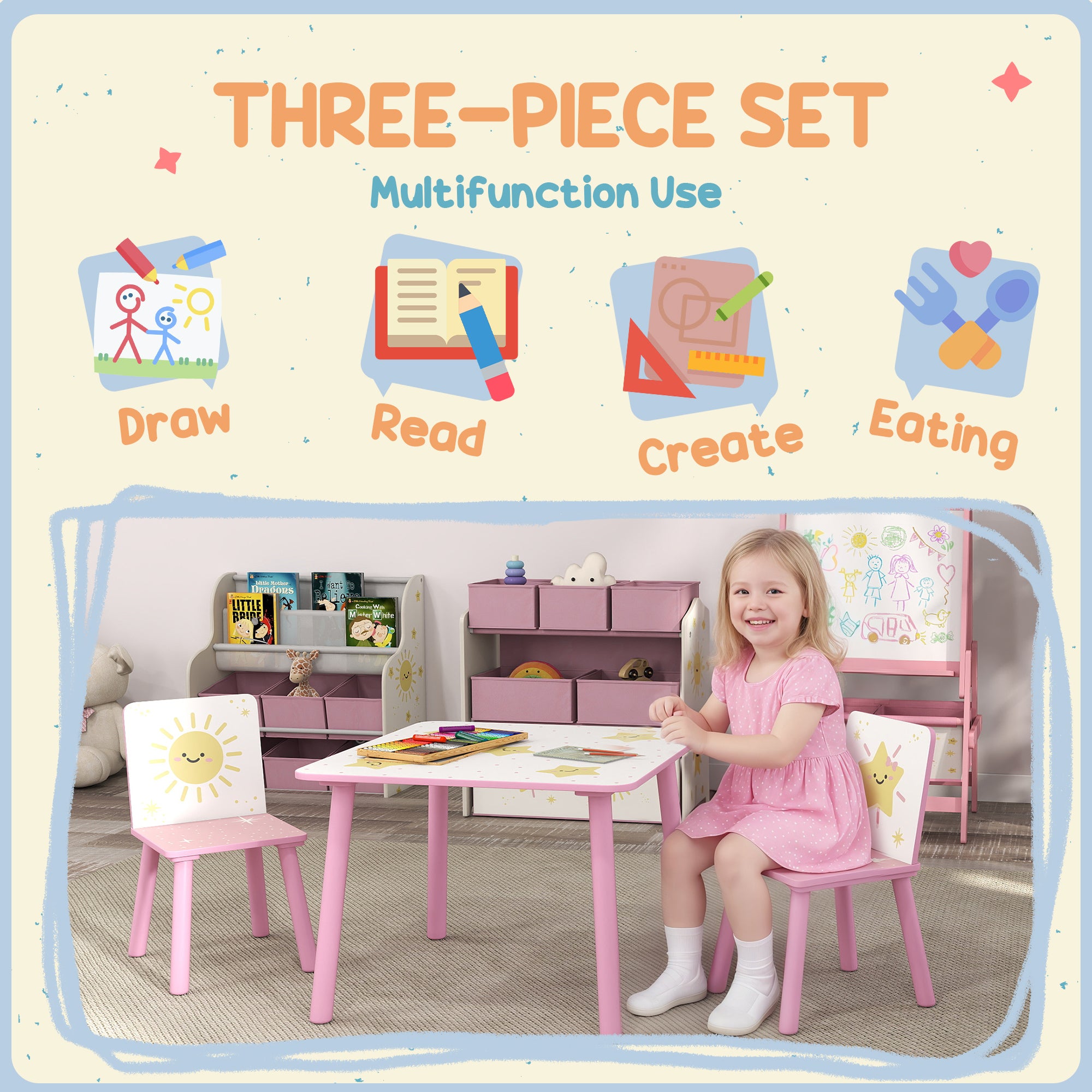 3-delige Kindertafel en Stoelset voor Kinderen van 3-8 Jaar, Slaapkamer en Speelkamer, Roze