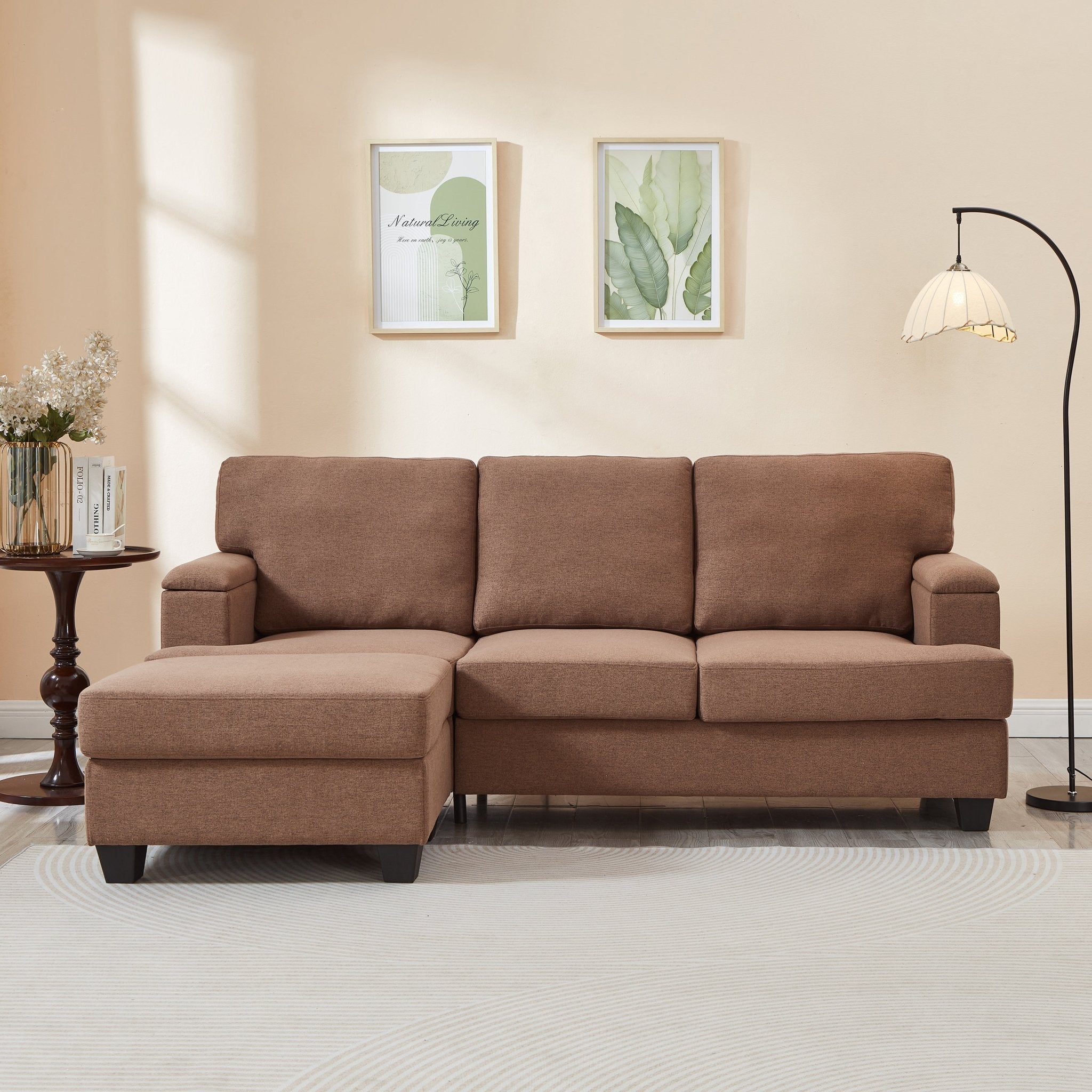 86'' L Shaped Couch With Armrest Organizer,3 Seats Sofas With Movable Ottoman,Comfy Sectional Sofa With Thick Cushion,Linen Sectional Couches For Living Room,Bedroom,Apartment,Brown - Noventis Home