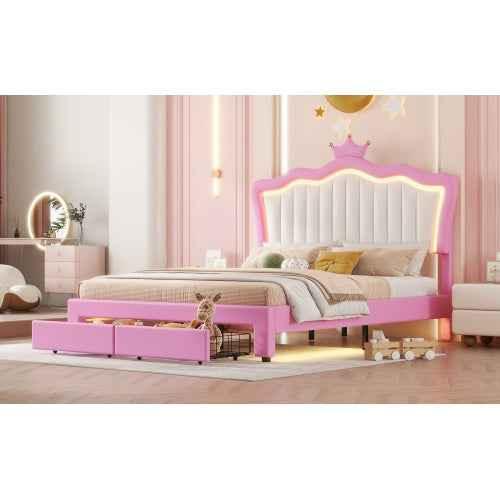 Gestoffeerd Tweepersoonsbed met LED - verlichting, Modern Prinsessenbed met Kroonhoofdsteun en 2 Lades, Roze + Wit - Noventis Home