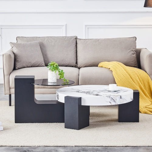 Modern Simple Double - Layer Round Coffee Table - Transparent Gray Glass Top With Black MDF L - Shaped Legs.The Detachable Design Can Make The Use Of Space More Flexible - Noventis Home