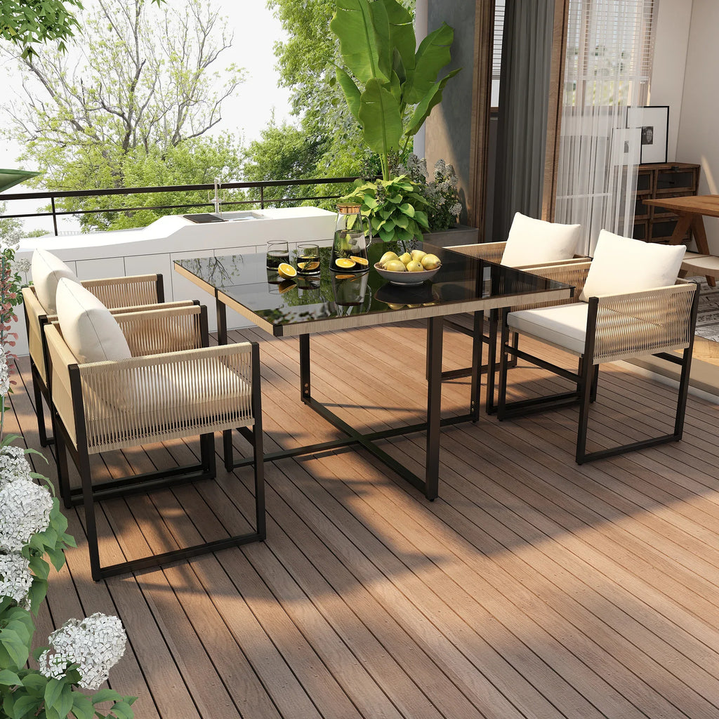 Tuineetset 5 - delig met 1 Eettafel, 4 Stapelbare Stoelen, Fijn Touw, IJzer en 5mm Veiligheidsglas Tafelblad - Noventis Home