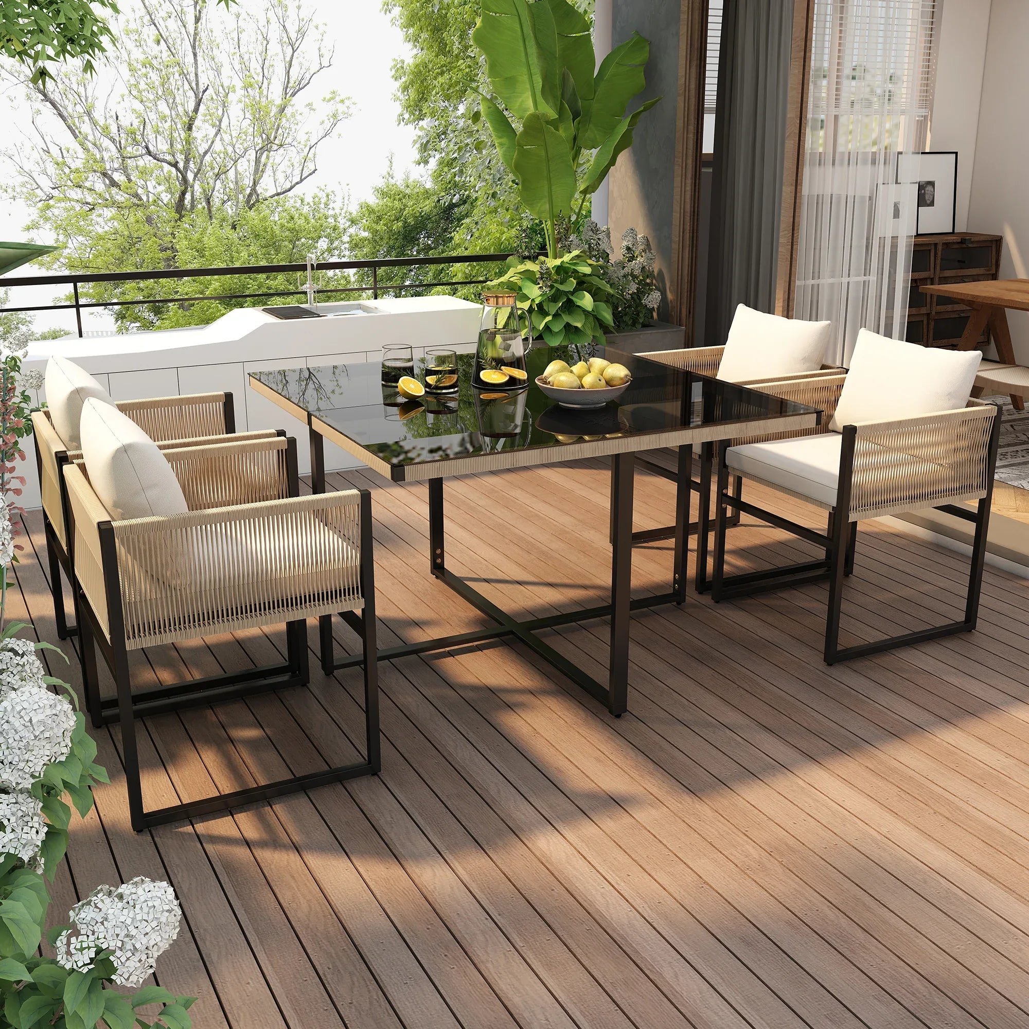 Tuineetset 5 - delig met 1 Eettafel, 4 Stapelbare Stoelen, Fijn Touw, IJzer en 5mm Veiligheidsglas Tafelblad - Noventis Home