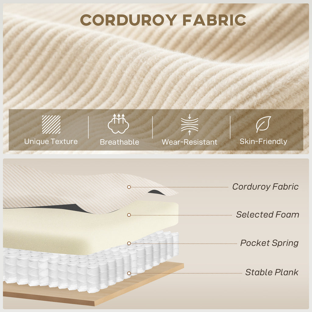 Hoekbank met Omkeerbare Chaise Longue, Corduroy L - vormige Slaapbank met Pocketvering, Crèmewit - Noventis Home