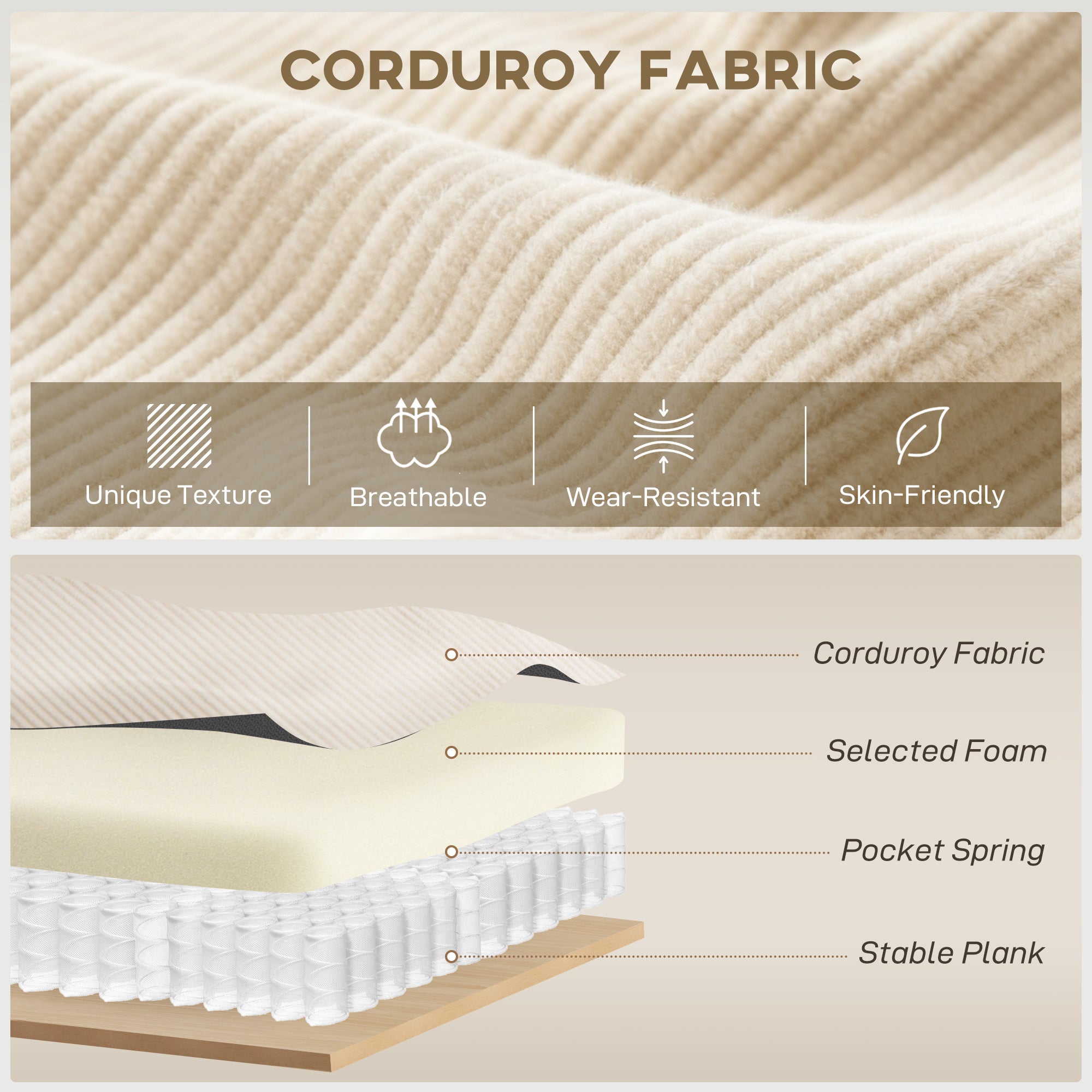 Hoekbank met Omkeerbare Chaise Longue, Corduroy L - vormige Slaapbank met Pocketvering, Crèmewit - Noventis Home