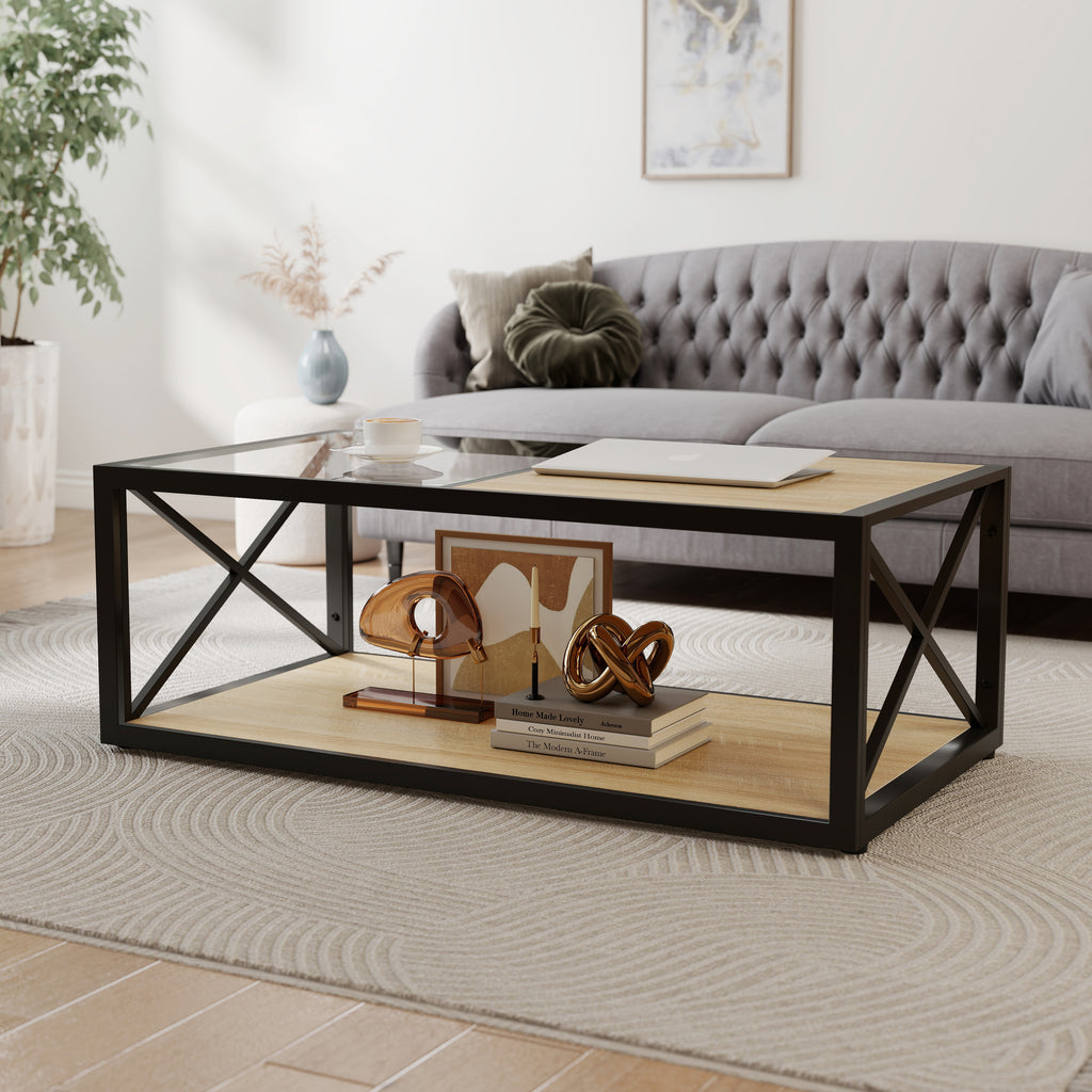 Moderne Salontafel voor Slaapkamer en Woonkamer, Gehard Glas en Naturel Hout MDF Blad, Industrieel Design