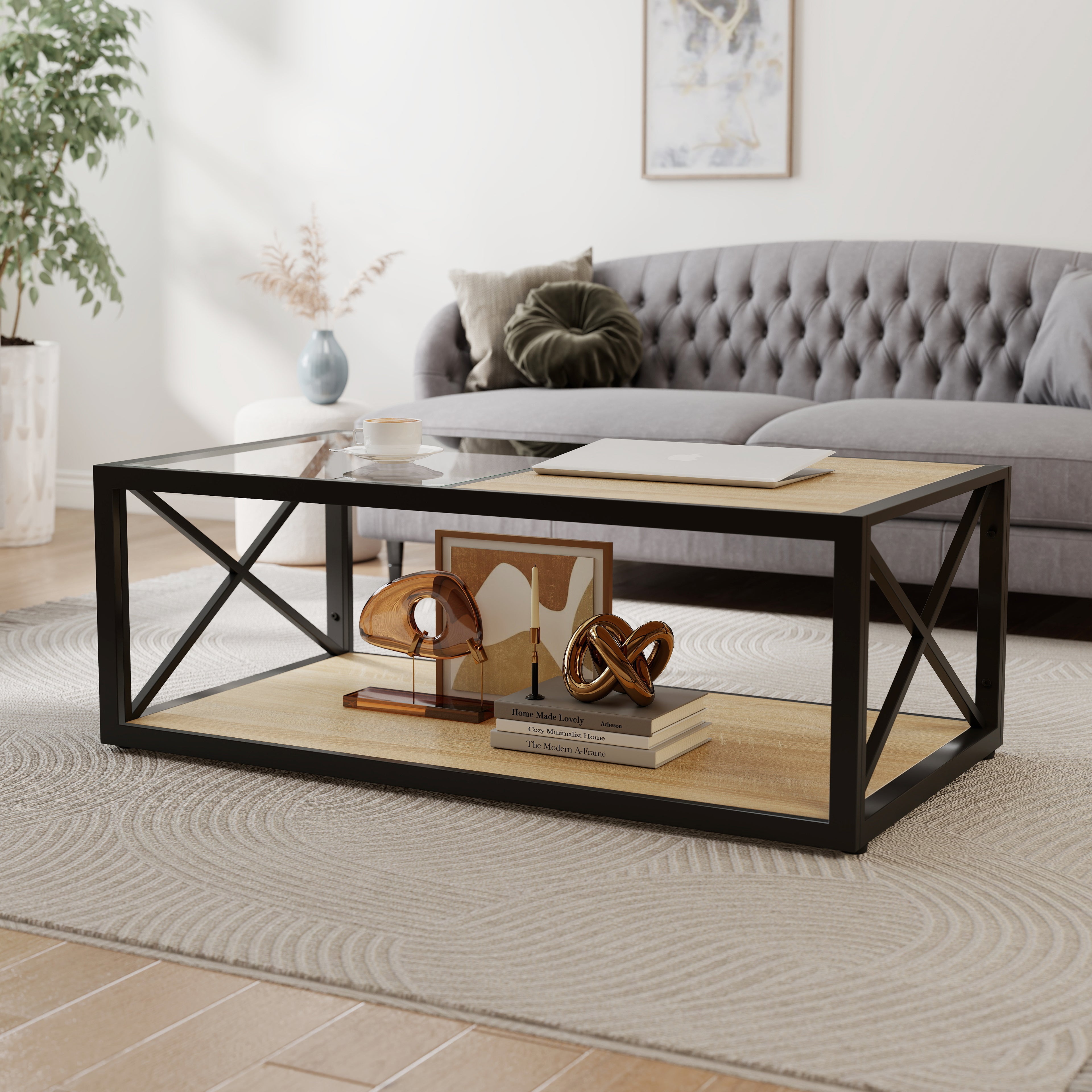 Moderne Salontafel voor Slaapkamer en Woonkamer, Gehard Glas en Naturel Hout MDF Blad, Industrieel Design