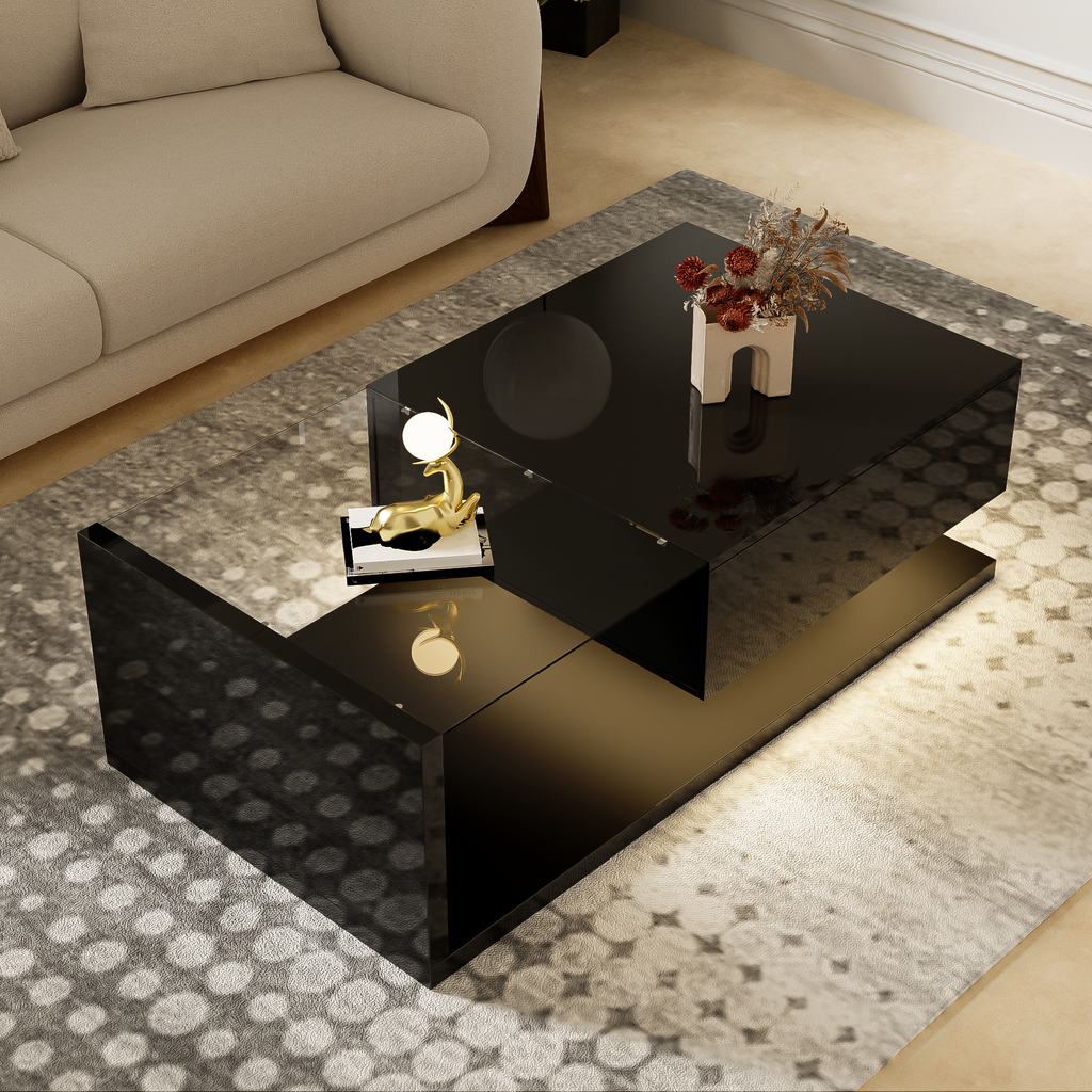Salontafel Hoogglans Zwart met Glas en LED-verlichting, 105x55x32,5 cm