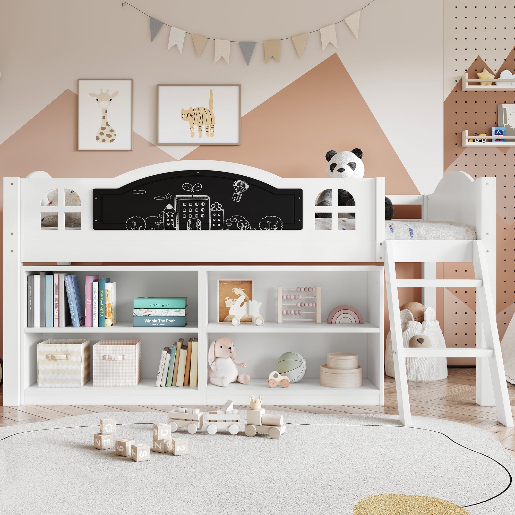 Houten Kinderbed met Krijtbord, Opbergkast en Twee - traps Trap, Eenpersoons 90x190 cm, Wit - Noventis Home