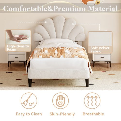 3ft Single Upholstered Velvet Bed Frame, With Adjustable Chic Petal Headboard, Velvet Platform Bed Frame With Solid Wood Slat, No Box Spring Needed, Easy Assembly, Beige - Noventis Home