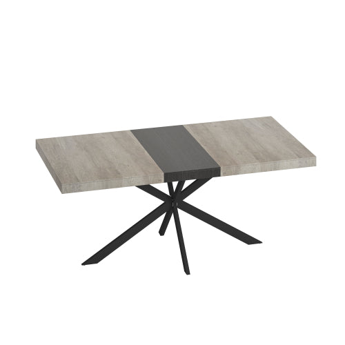 Retro Rechthoekige Uitschuifbare Eettafel, Grijs Tafelblad met Zwart Reliëf Middenpaneel, IJzeren Kruisvoet, Met Opbergvak, 140-180 cm