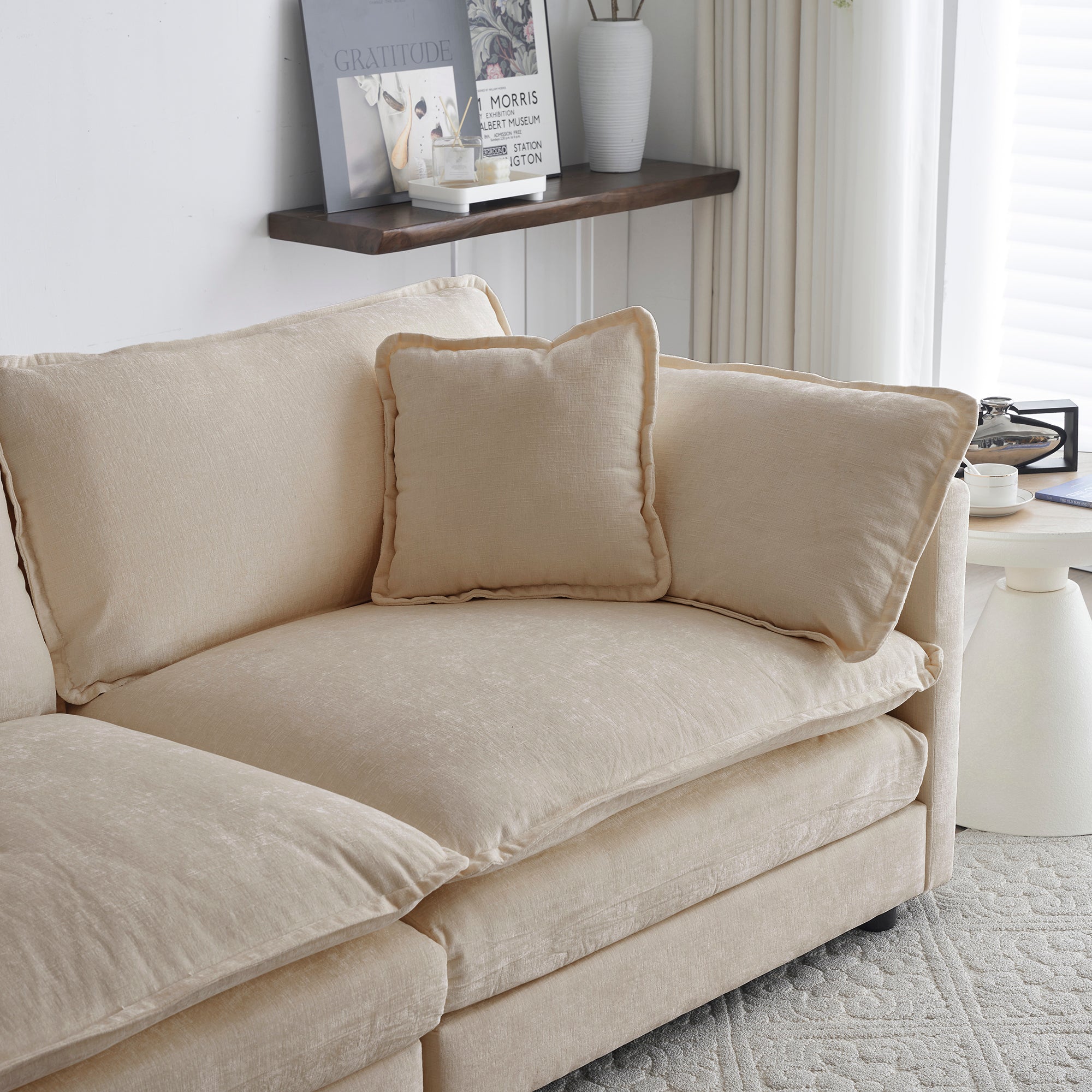 2-delige Gestoffeerde Bankenset, Moderne Hoekbank voor Woonkamer, 1+3 Zitter, Beige Chenille