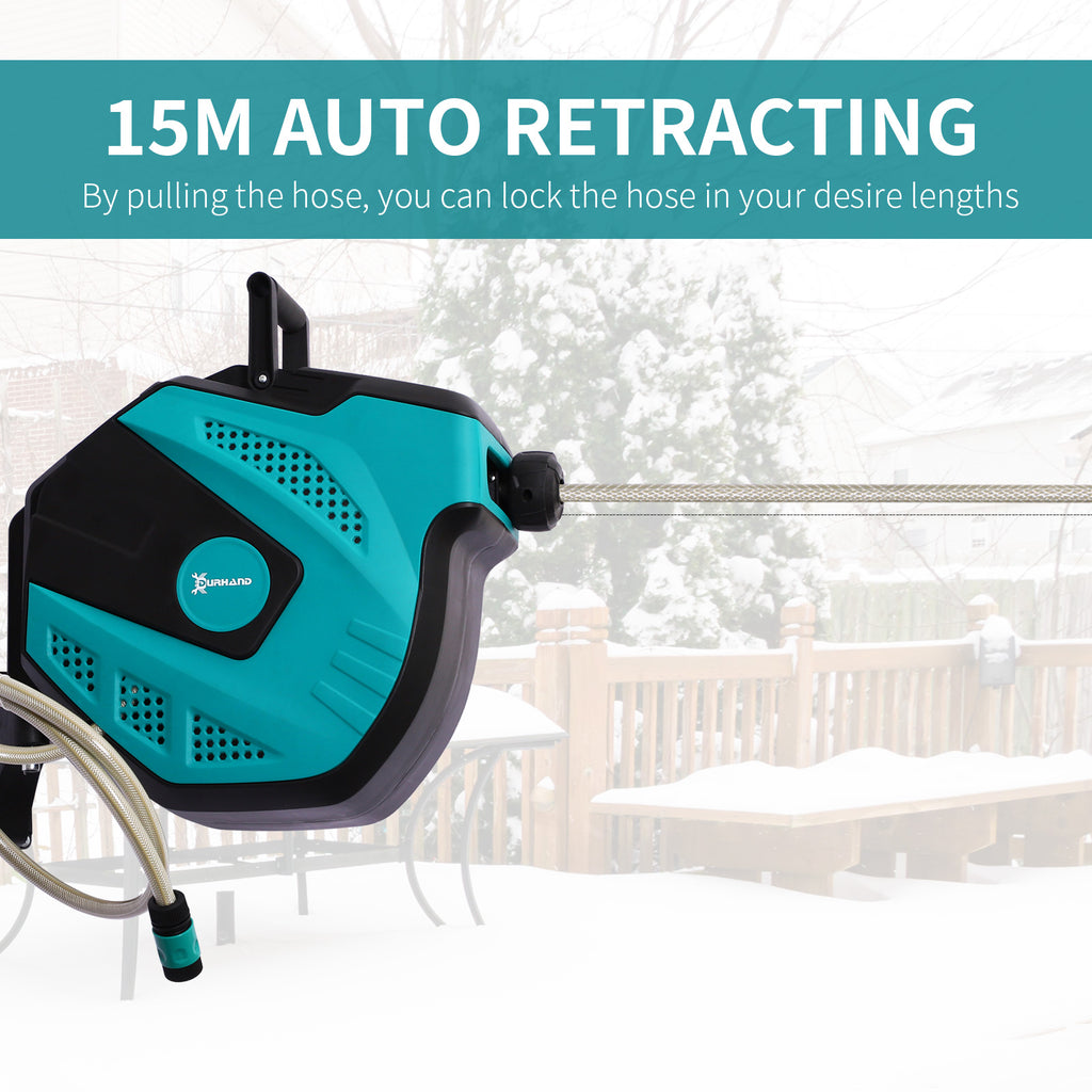 DURHAND 15m Garden Auto Hose Reel Wall Mounted Retractable 7 Patterns Spray Nozzle - Noventis Home