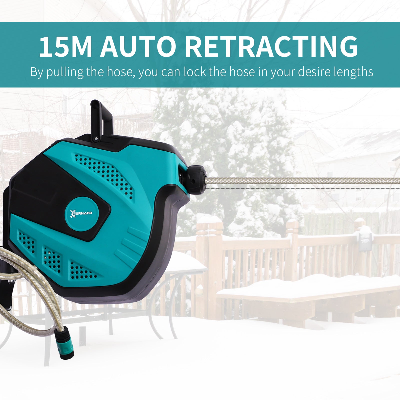 DURHAND 15m Garden Auto Hose Reel Wall Mounted Retractable 7 Patterns Spray Nozzle - Noventis Home