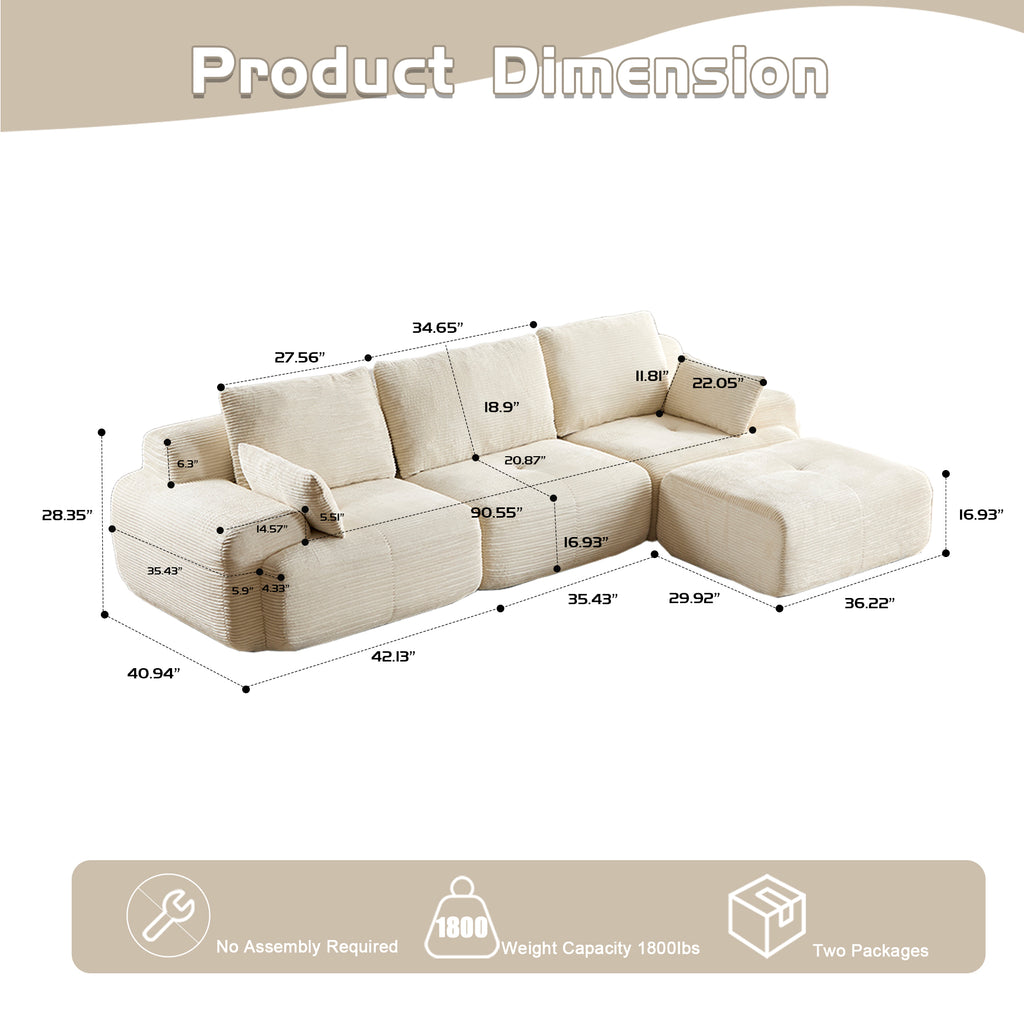 Moderne Traagschuim Compressiebank, Grote Modulaire Hoekbank voor Woonkamer, Huisdiervriendelijke Wolkbank, Corduroy Stof, Extra Diepe Loveseat, Geen Montage Vereist, Beige