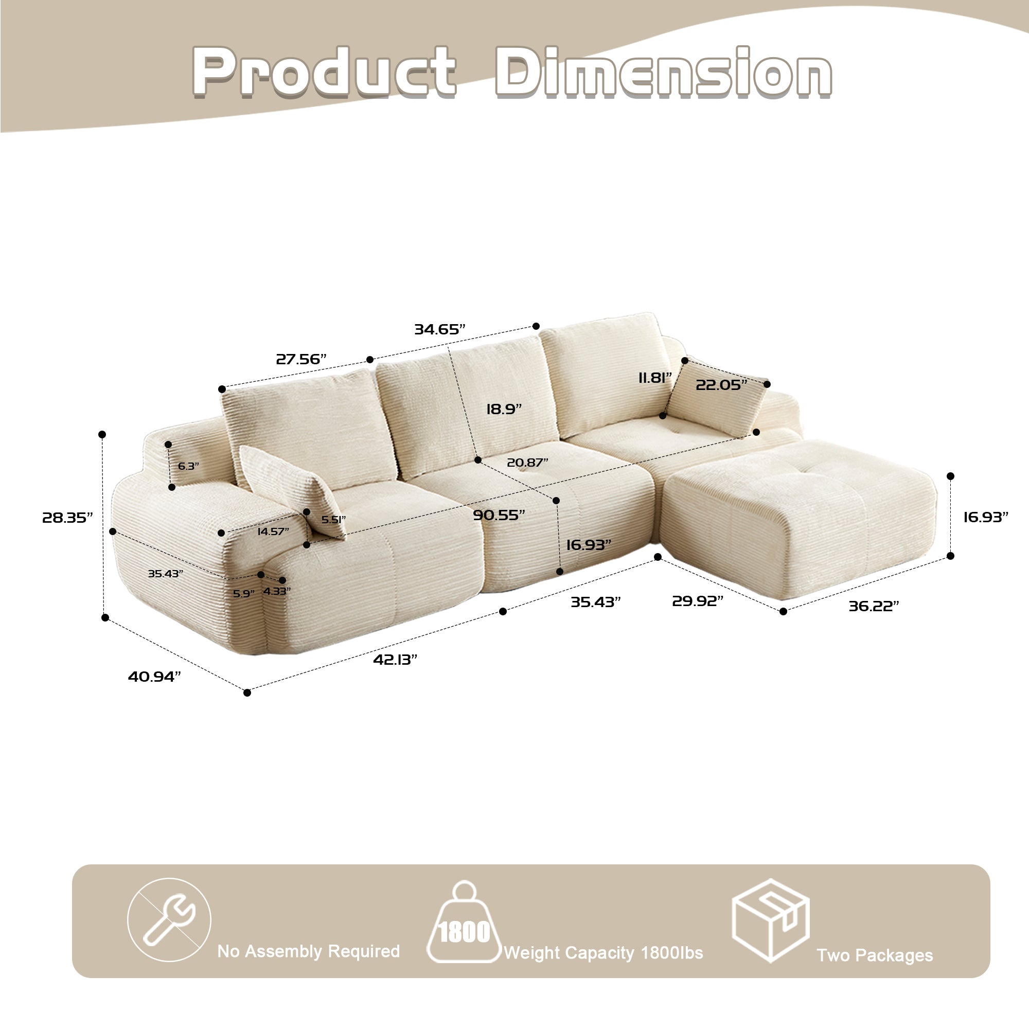 Moderne Traagschuim Compressiebank, Grote Modulaire Hoekbank voor Woonkamer, Huisdiervriendelijke Wolkbank, Corduroy Stof, Extra Diepe Loveseat, Geen Montage Vereist, Beige