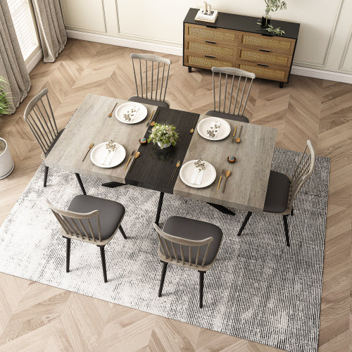 Retro Rechthoekige Uitschuifbare Eettafel, Grijs Tafelblad met Zwart Reliëf Middenpaneel, IJzeren Kruisvoet, Met Opbergvak, 140-180 cm