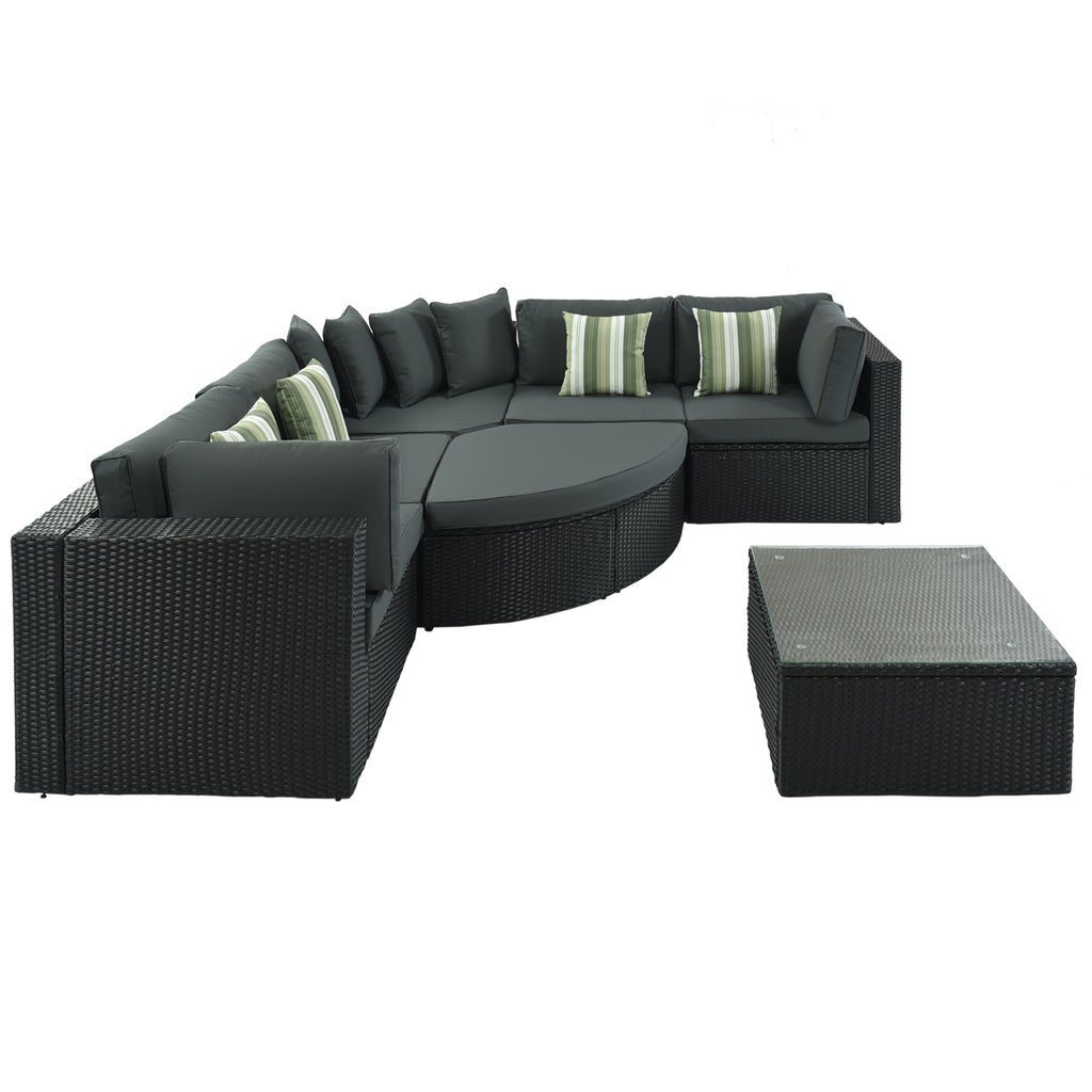 7 - delige Buiten Rattan Loungeset, Rotan Loungebank met Gestreepte Groene Kussens, Gesprekssbank voor Terras, Tuin en Dek, Zwart Vlechtwerk, Grijs Kussen - Noventis Home