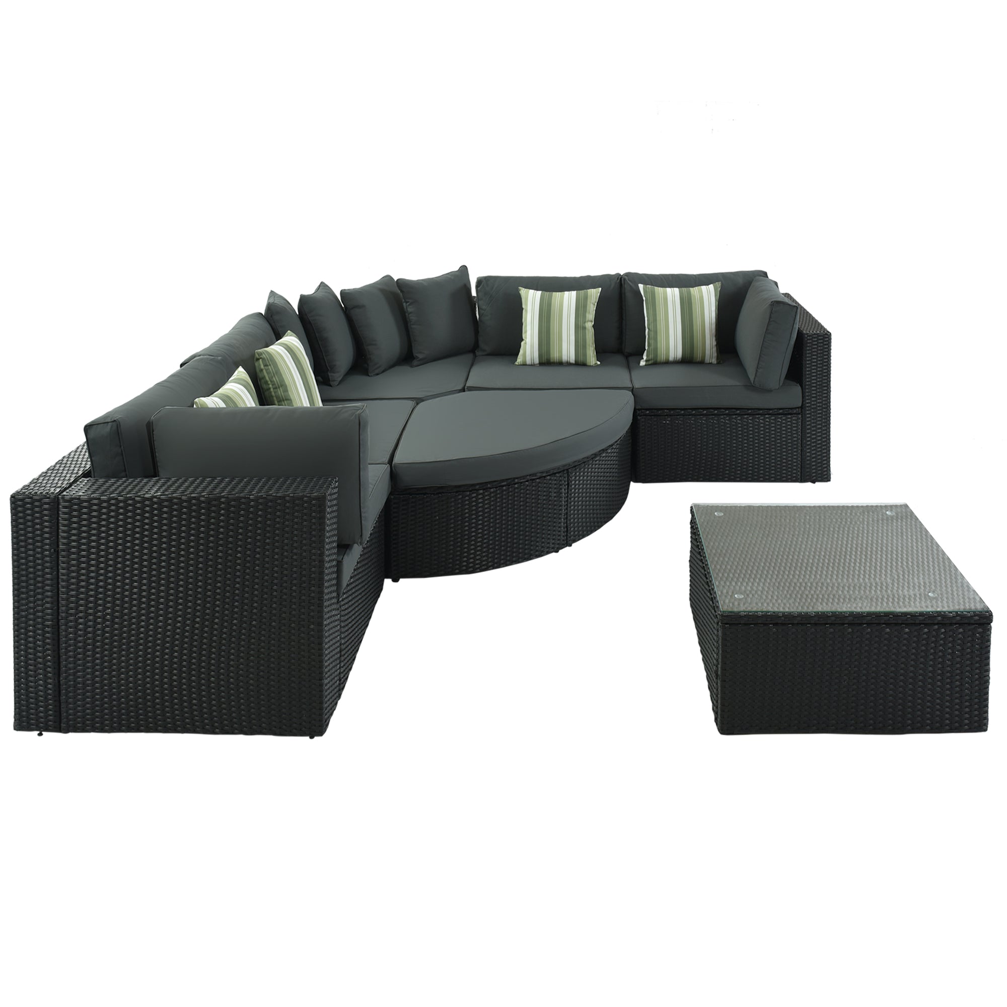 7 - delige Buiten Rattan Loungeset, Rotan Loungebank met Gestreepte Groene Kussens, Gesprekssbank voor Terras, Tuin en Dek, Zwart Vlechtwerk, Grijs Kussen - Noventis Home