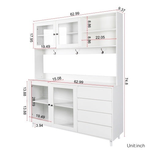 Grote Keukenkast 160 cm, Vrijstaande Voorraadkast met 4 Deuren, 4 Lades en Magnetronplank, Wit