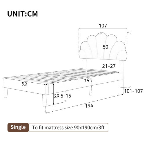 3ft Single Upholstered Velvet Bed Frame, With Adjustable Chic Petal Headboard, Velvet Platform Bed Frame With Solid Wood Slat, No Box Spring Needed, Easy Assembly, Beige - Noventis Home