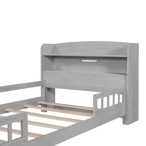 Wood Twin Size Platform Bed With Built - in LED Light, Storage Headboard And Guardrail, Antique Grey - Noventis Home