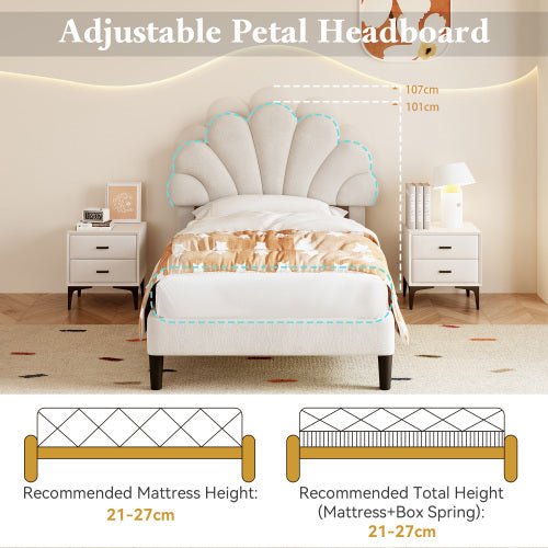 3ft Single Upholstered Velvet Bed Frame, With Adjustable Chic Petal Headboard, Velvet Platform Bed Frame With Solid Wood Slat, No Box Spring Needed, Easy Assembly, Beige - Noventis Home