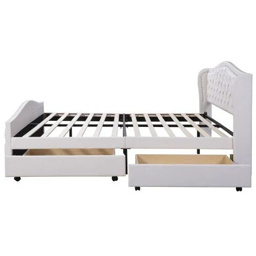 Gestoffeerd Bed 135 x 190 cm - Bed met Lattenbodem, 2 Lades en Hoofdeinde met Siernagels - Hout & Kunstleer - Wit - Jeugdbed / Logeerbed - Noventis Home