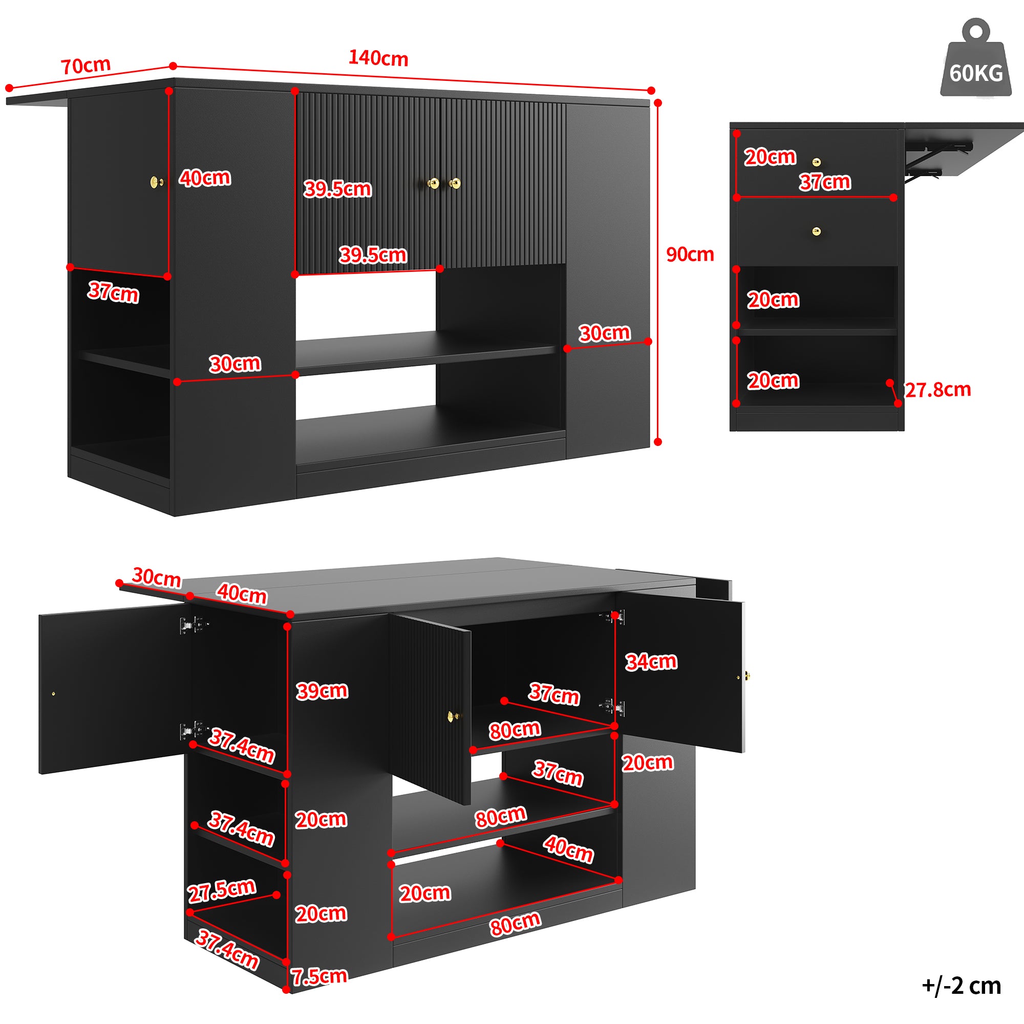 Modern Keukeneiland, Dressoir, Keukenkast met Lades en Planken voor Keuken en Eetkamer, Zwart, 140x40x90 cm