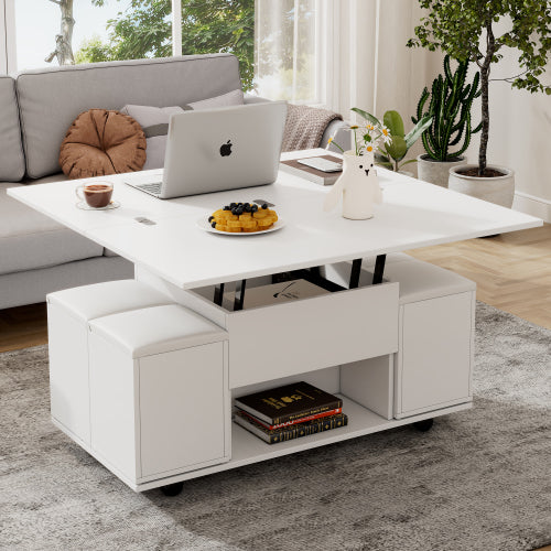 Salontafel met Opklapbaar Blad en Opbergruimte, Hydraulisch Lift-top Tafel voor Woonkamer, Wit