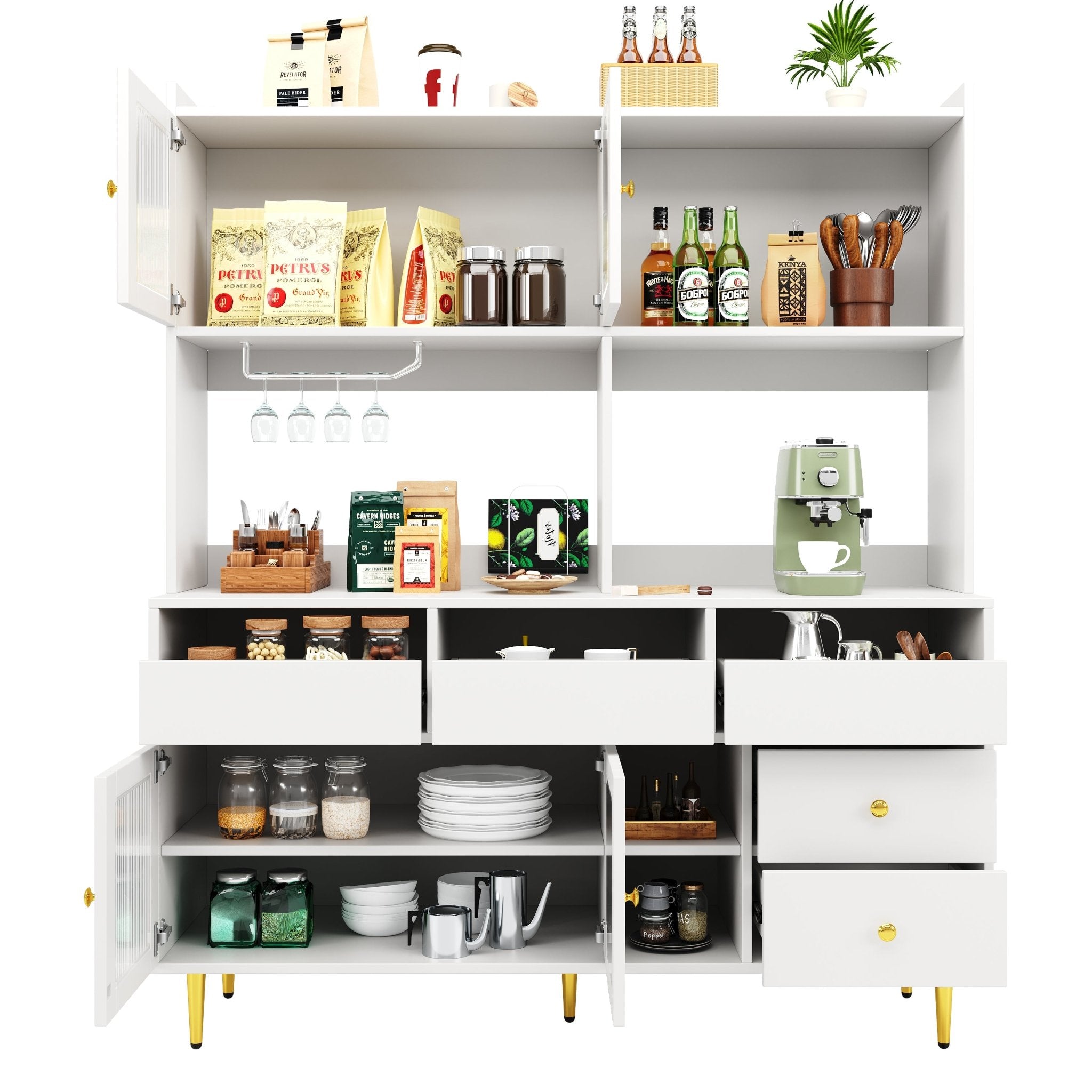 Multifunctionele Opbergkast 145x39x171 cm, Modern Design, met Changhong Glazen Deur, Wijnglashouder, Meerdere Opberglagen, Wit met Gouden Decoratie, voor Thuis en Restaurant - Noventis Home