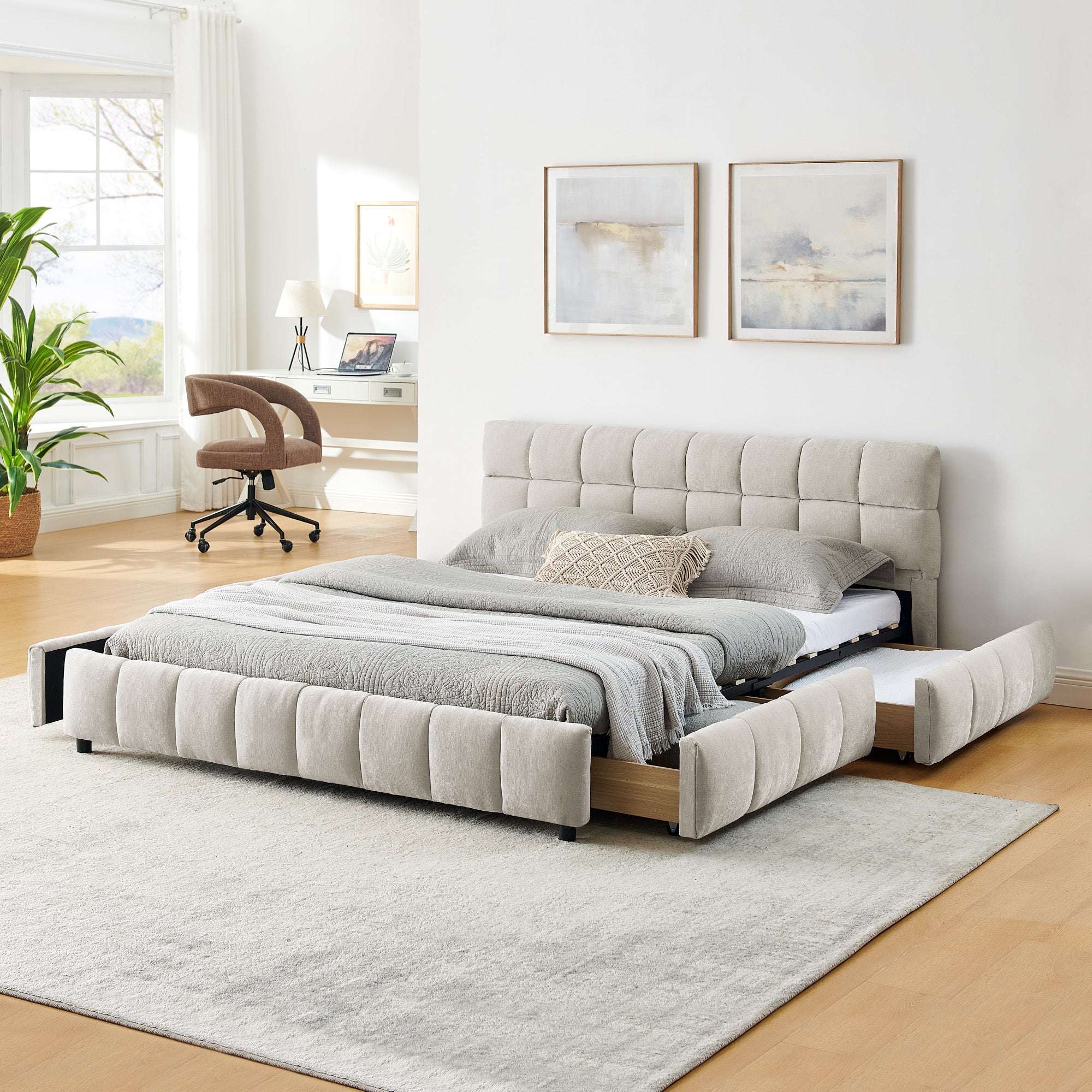 Gestoffeerd Queensize Bed, Comfortabel Bedframe van Chenille Stof met Hoofdeinde en Lade voor Opbergruimte, Beige - Noventis Home