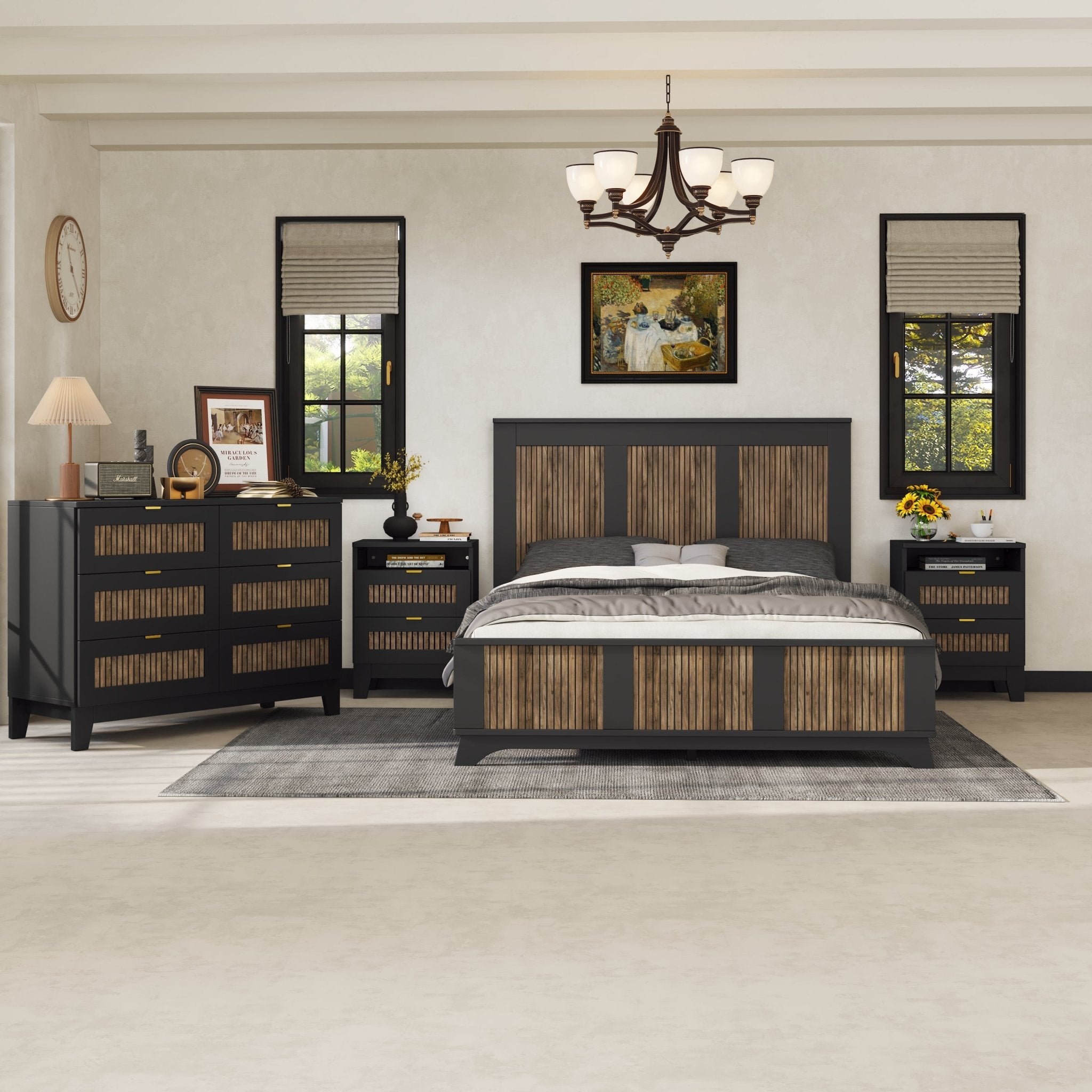 4 - delige Slaapkamerset, Queensize Platform Bed met Houten Decoratie, 2 Nachtkastjes en Ladekast met Metalen Handgrepen, Zwart - Noventis Home