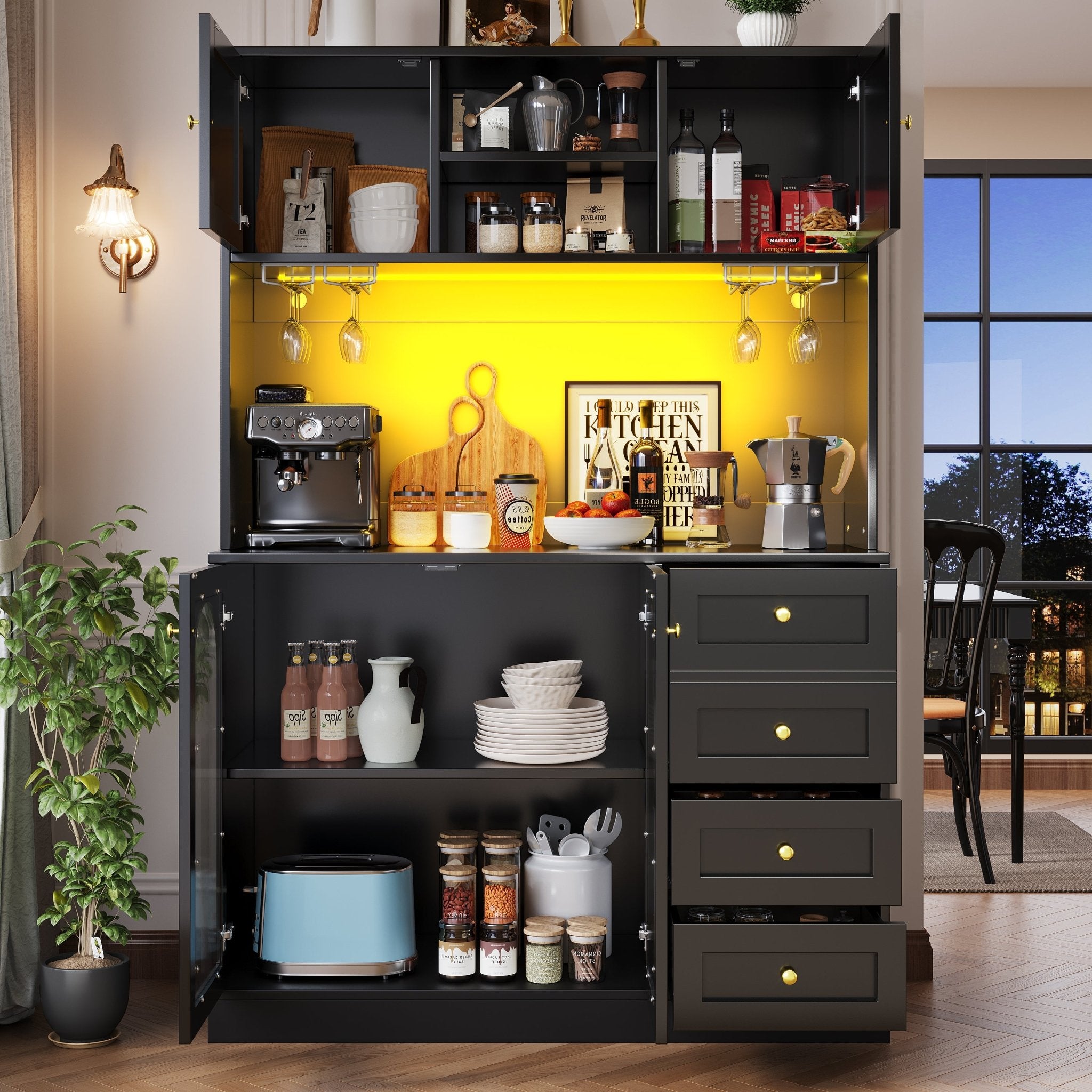 Sideboard Storage Cabinet Kitchen Cabinet Buffet Cabinet, 120x40x188cm, Farmhouse Style, 4 Doors, With LED Light Strip & Drink Holders, Black White Fluted Glass Doors - Noventis Home